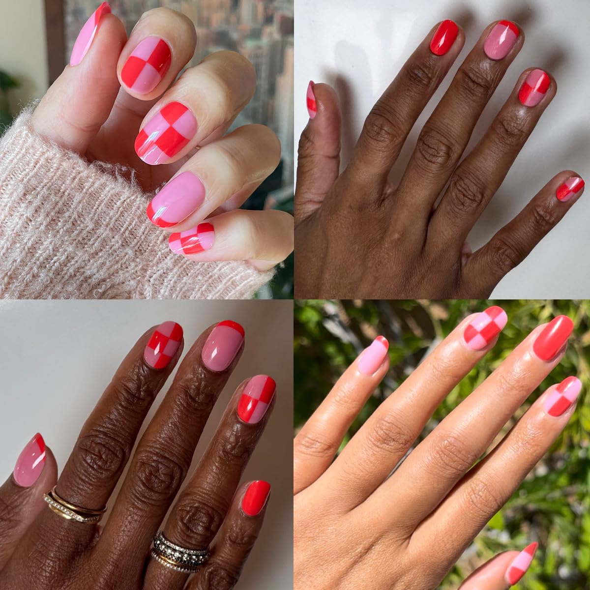 Olive & June Classic Super Stick Mani Press On Nails | No Glue Needed | 32 Tab Nails 16 Sizes | Non-Toxic Tabs Easy On-Off Non-Damaging Realist Look | 7-Day Wear | Short, Round |Pink Checker Party