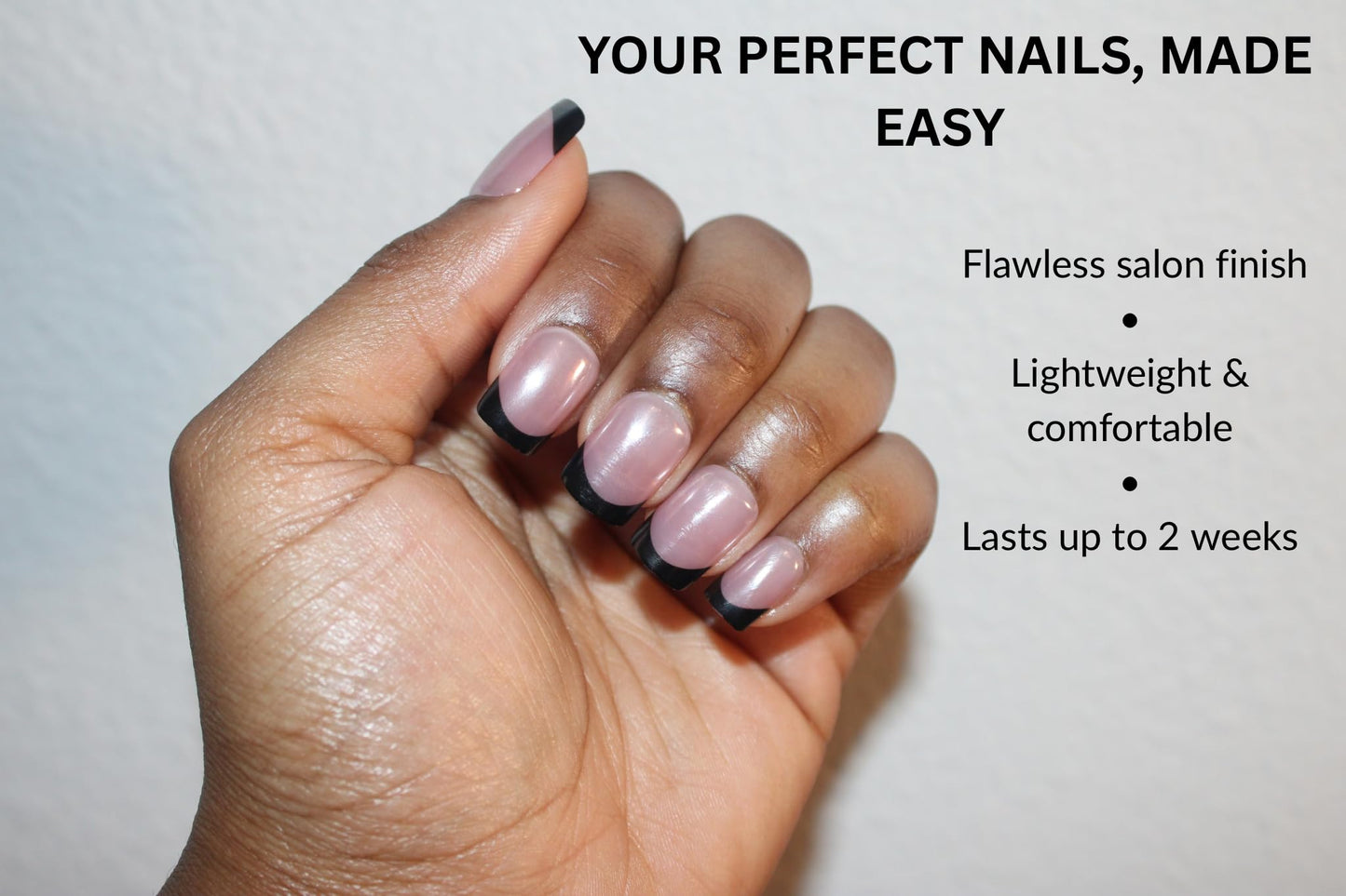 The Beauty Palace Short Square French Tip Press-On Nails - Midnight – Glazed Sheer Nude with Black Tips, Glossy Finish, 24-Piece Set