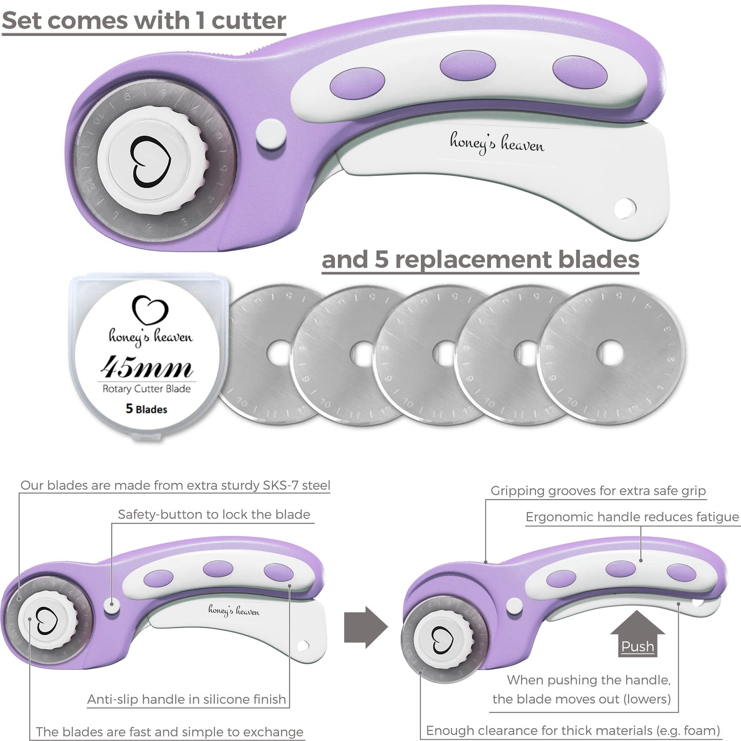 Rotary Cutter Set lavender - Quilting Kit incl. 45mm Fabric Cutter, 5 Replacement Blades, A3 Cutting Mat, Acrylic Ruler and Craft Clips - Ideal for Crafting, Sewing, Patchworking, Crochet & Knitting