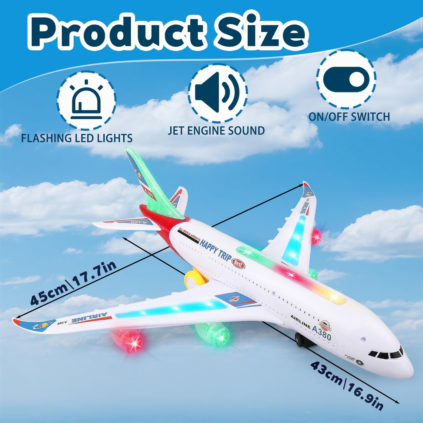 AtomDream Tech Bump and Go Airplane Toy with 4D Lights & Sounds, Realistic Moving Plane with Automatic Direction Change, Interactive Aircraft Toy for Boys & Girls Ages 3–12, (Red)