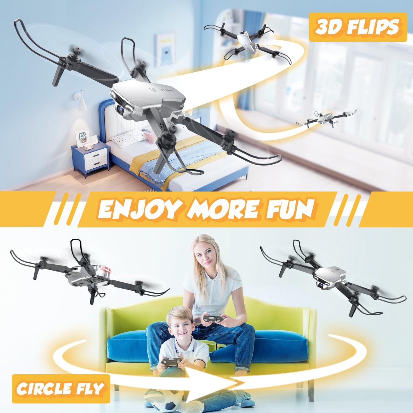 NEHEME Drones for Kids with Camera - Remote Control Helicopter Toys Gifts for Boys Girls, 1080P HD FPV RC Quadcopter for Adults, One Key Start/Land, Altitude Hold, Gravity Control, 2 Batteries, Silver