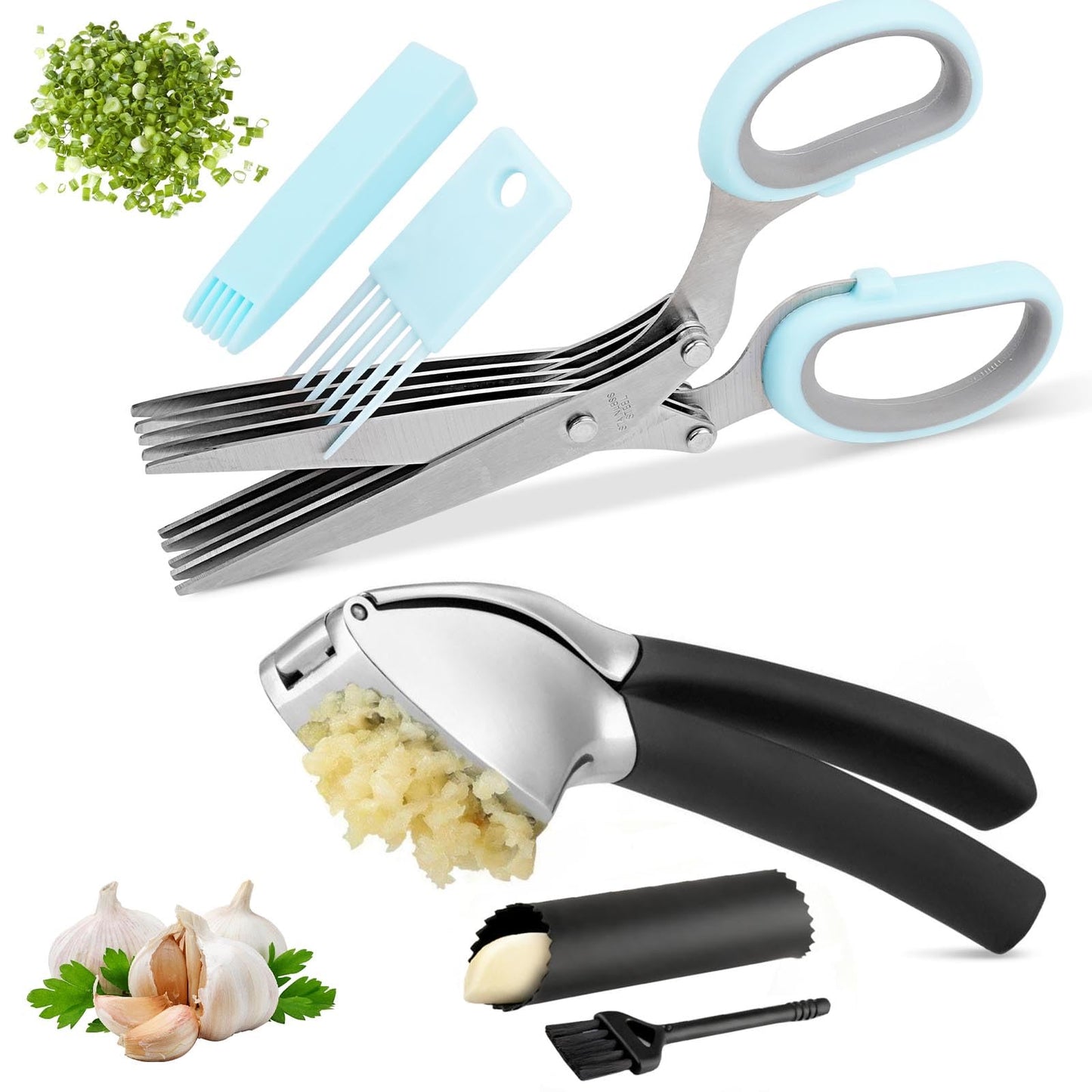 Lainballow Garlic Press & Herb Scissors Set, 6 Pcs Kitchen Gadgets With Garlic Mincer & Kitchen Scissors for Herbs, Professional 5-Blade Kitchen Shears Garlic Press Tool Silicone Garlic Peeler & Brush