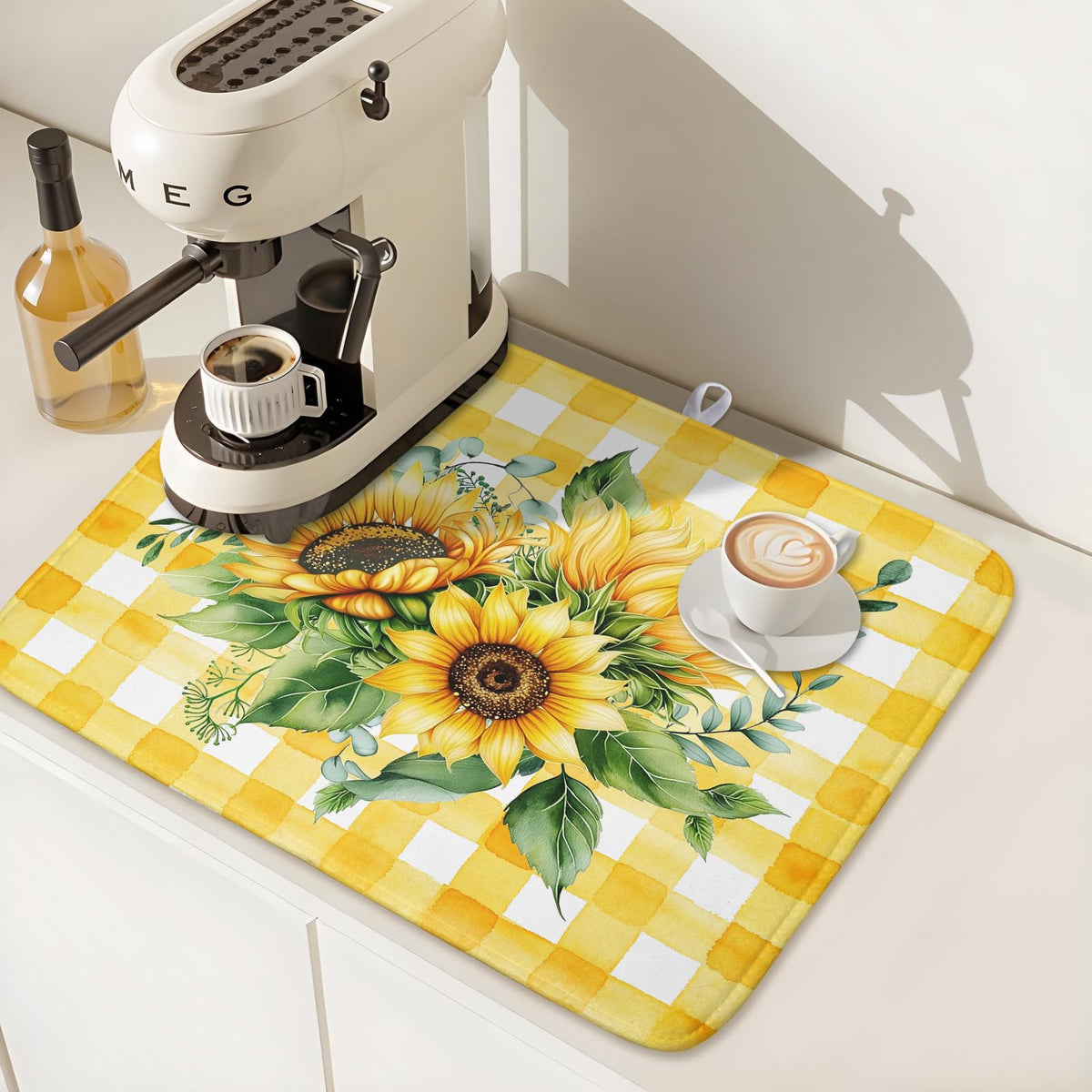 Sunflower Dish Drying Mat 18x24 Inch Absorbent Reversible Summer Sunflower Drying Mat Summer Plaid Dish Drying Rack Mat Yellow Summer Themed Dish Drainer Mat for Kitchen Counter Coffee Bar