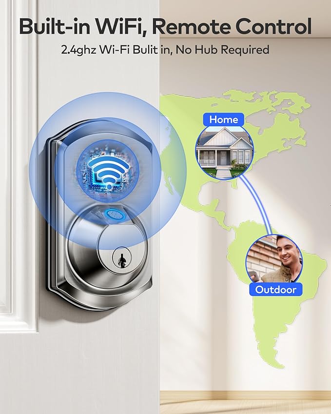 TEEHO TE012W WiFi Smart Lock, Fingerprint Door Lock with Built-in Wi-Fi, Keyless Entry Keypad Smart Deadbolt, App Remote Control, Alexa Compatible, IP55 Waterproof for Front Door – Satin Nickel