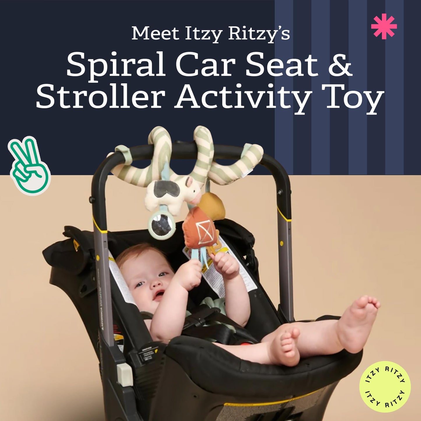 Itzy Ritzy Spiral Car Seat & Stroller Activity Toy - Stroller & Car Seat Toys for Ages 0 Months and Up - Hanging Toys Include Dangling Ring, Mirror and Textured Ribbons (Farm)