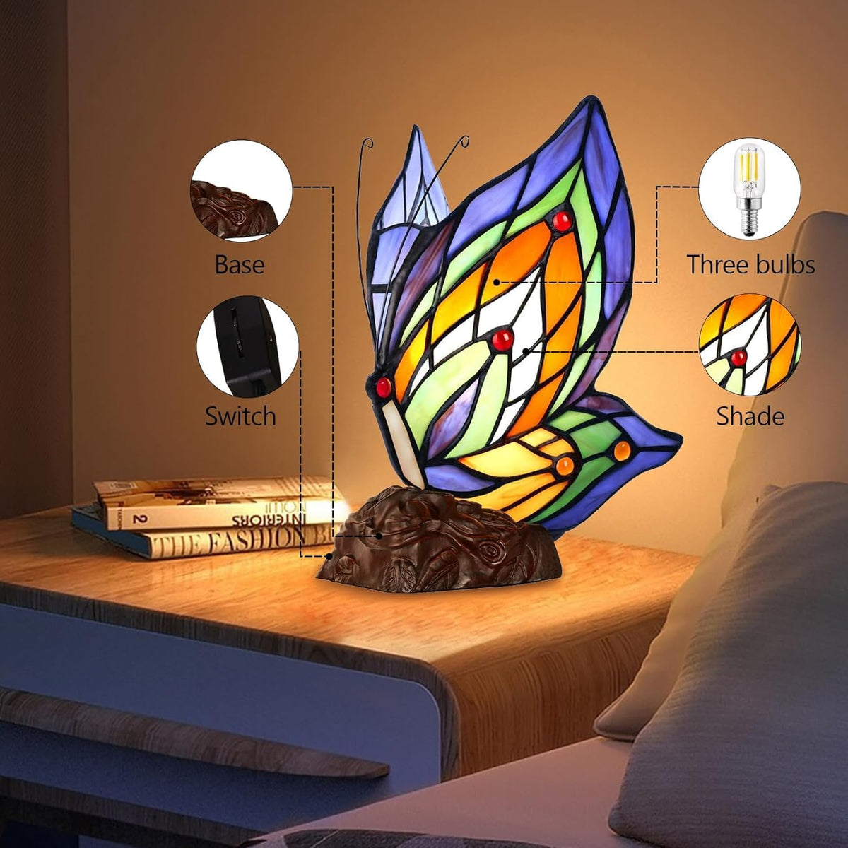 Tiffany Butterfly Table Lamp, 9'' Tall Vintage Stained Glass Lamp, Fairy Reading Night Light for Bedroom Living Room, 1 LED Bulb Included