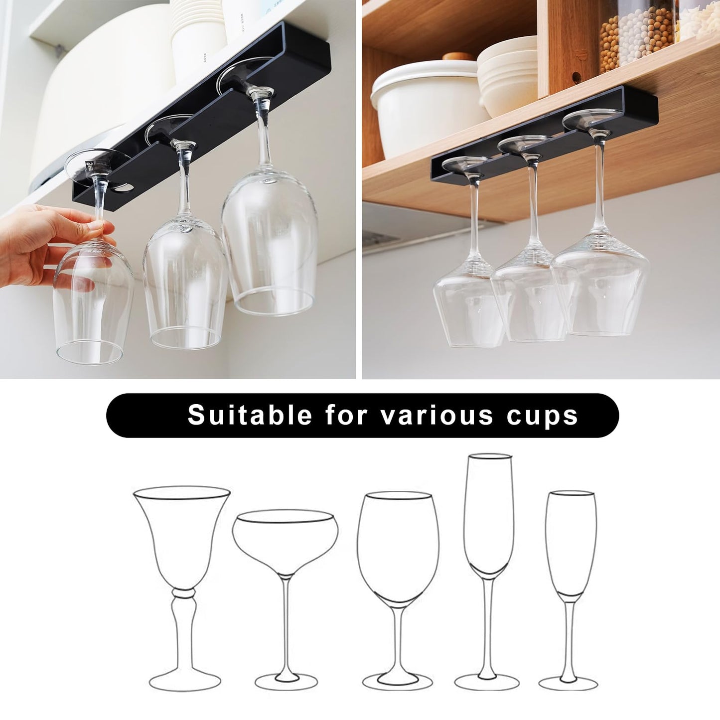 AQJUNONG 2 Pack Wine Glass Rack, No Drilling Under Cabinet Stemware Rack Organizer Hanger for Bar and Kitchen Cabinet (Classic Black)