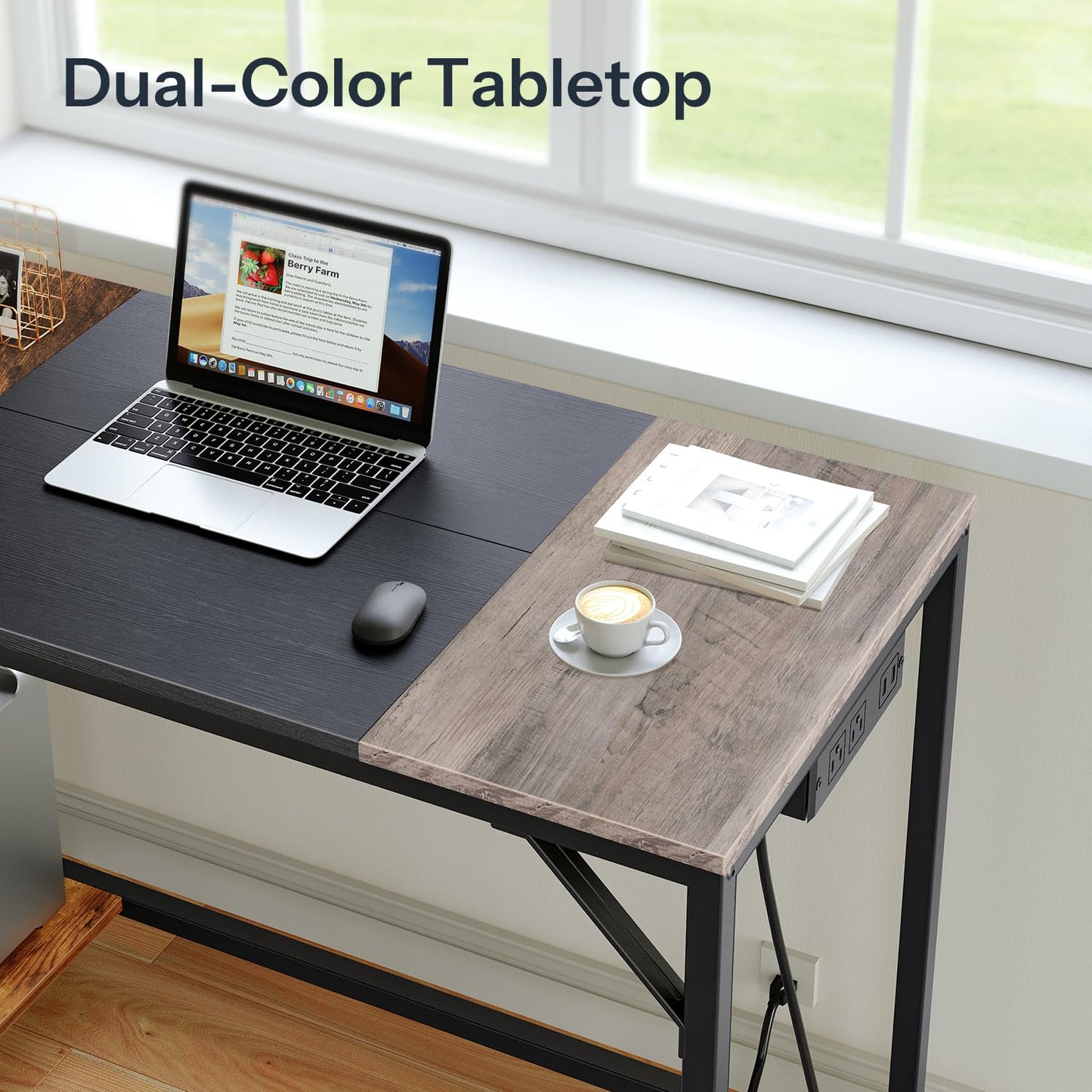 HOOBRO Computer Desk, Home Office Desk with Power Outlet, Writing Desk with 2 Shelves, Modern Small Desk for Home Office, Study, Easy to Assemble, Charcoal Gray and Black BG43UDN01