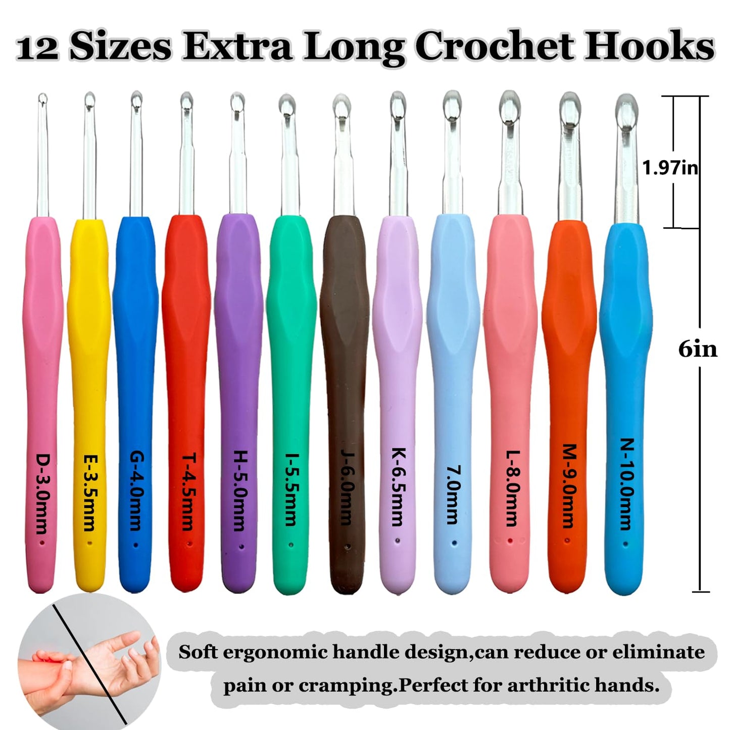 Hobekoee 22 Sizes Crochet Hooks Set with Grey Case,0.5mm-10mm Ergonomic Soft Handle Crochet Hook Needles Set for Arthritic Hands,Complete Crochet Set