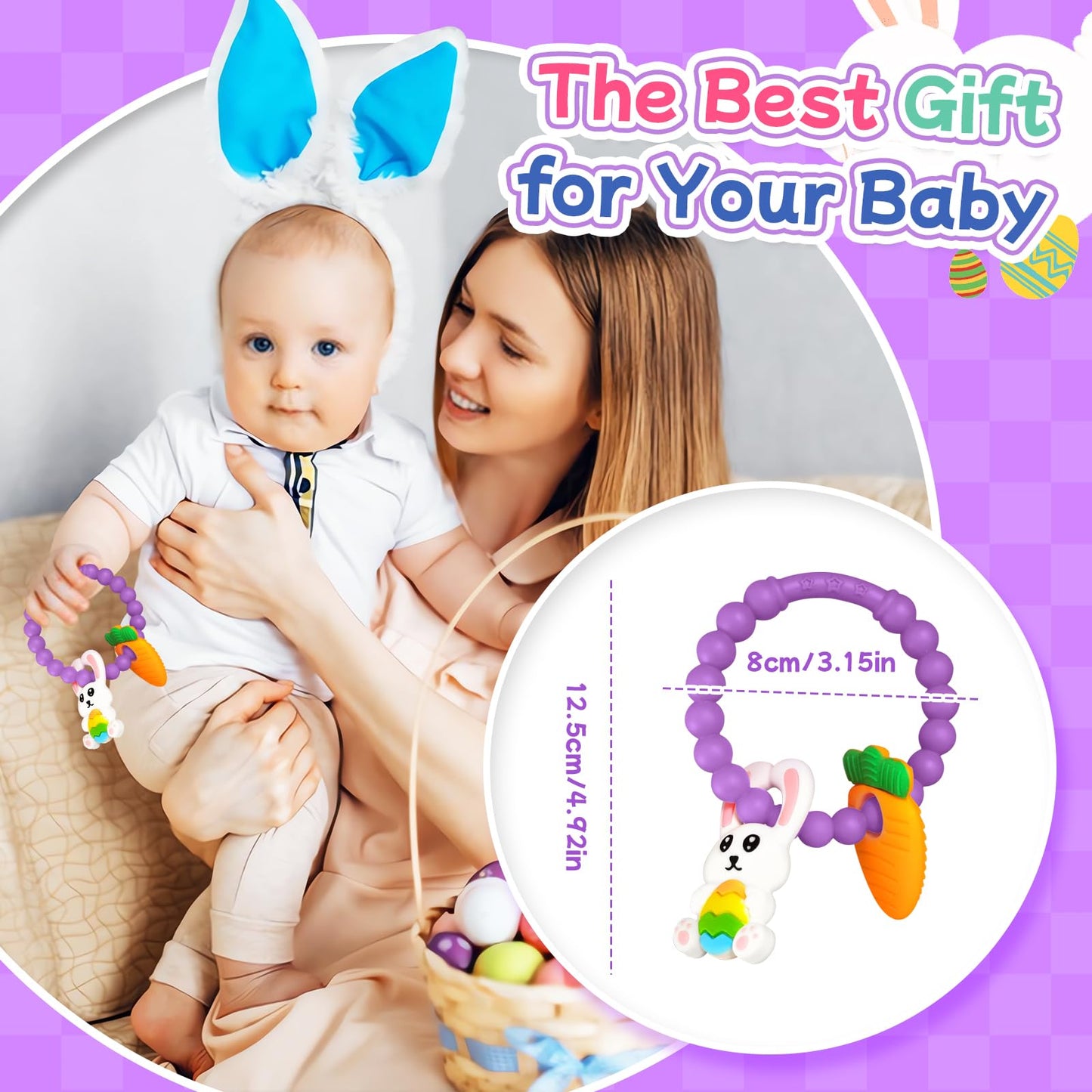 Teething Toys for Babies 3-6 Months, Tinabless Baby Easter Teether Silicone Chew Toys Easter Basket Stuffers for Baby 6-12 Months Infant Teething Toys Easter Gifts Boys Grils Bunny Carrot (Purple)