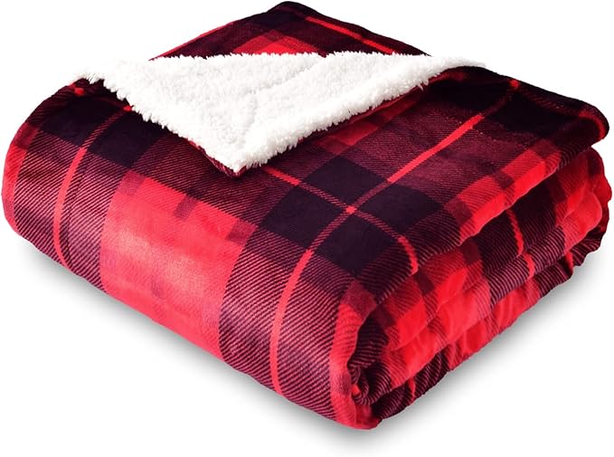 SOCHOW Sherpa Plaid Fleece Throw Blanket, Double-Sided Super Soft Luxurious Bedding Blanket 50 x 60 inches, Red