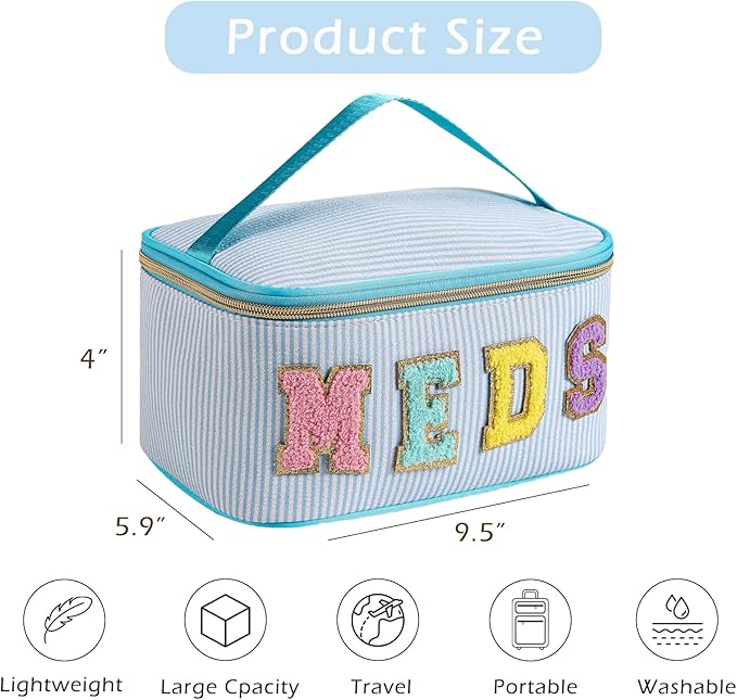 uekeboag Personalized Chenille Letter Seersucker MEDS Makeup Bag,Large Size Medicine RX Cosmetic Bag with Top Handle, First Aid Travel Organizer Bag for Women Girls(01Blue)
