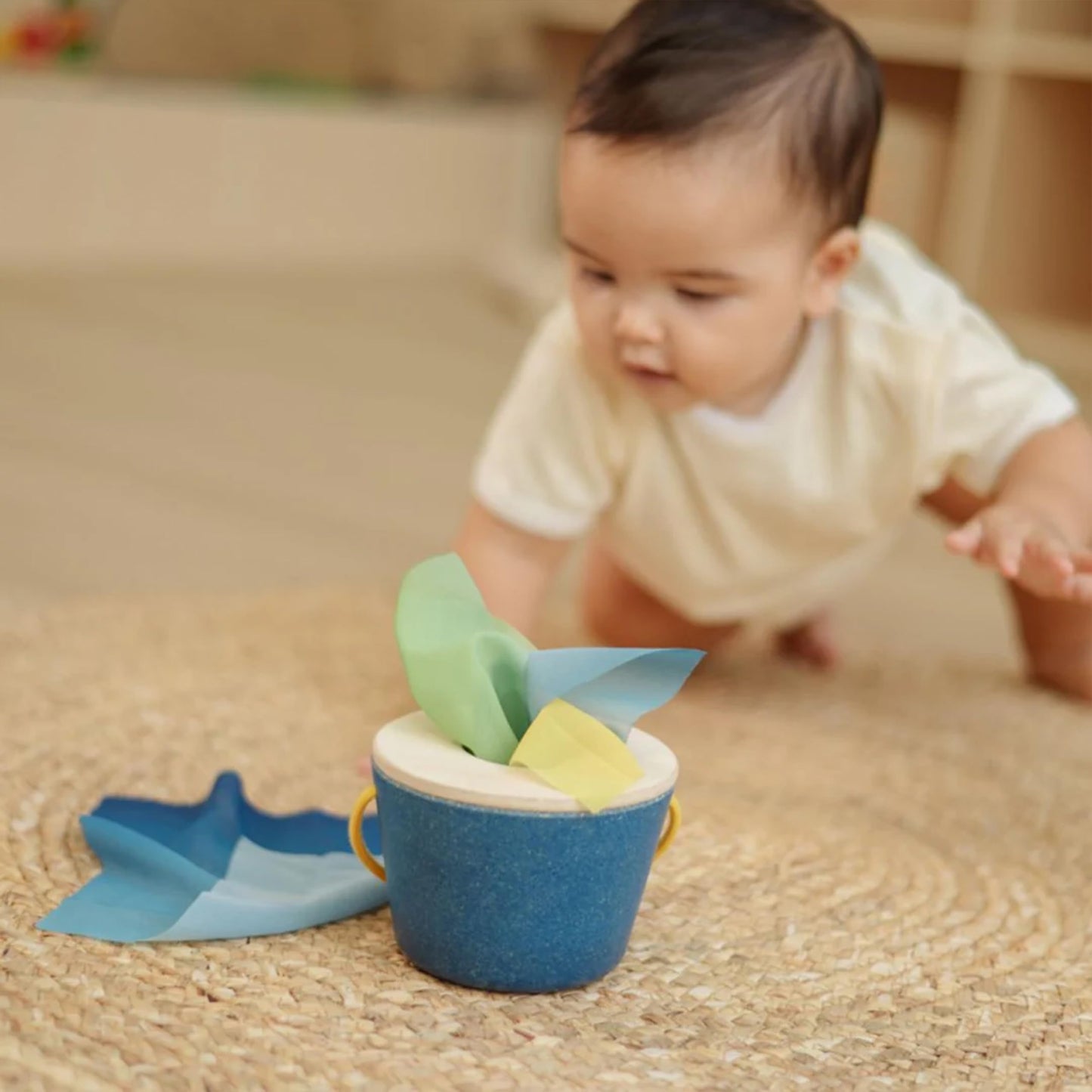 PlanToys® Wooden Baby Tissue Box Toy for Infants & Toddlers | Fine Motor Skill Activity with Cloth Pieces | Object Permanence Learning Toy | Montessori Sensory Educational Gift