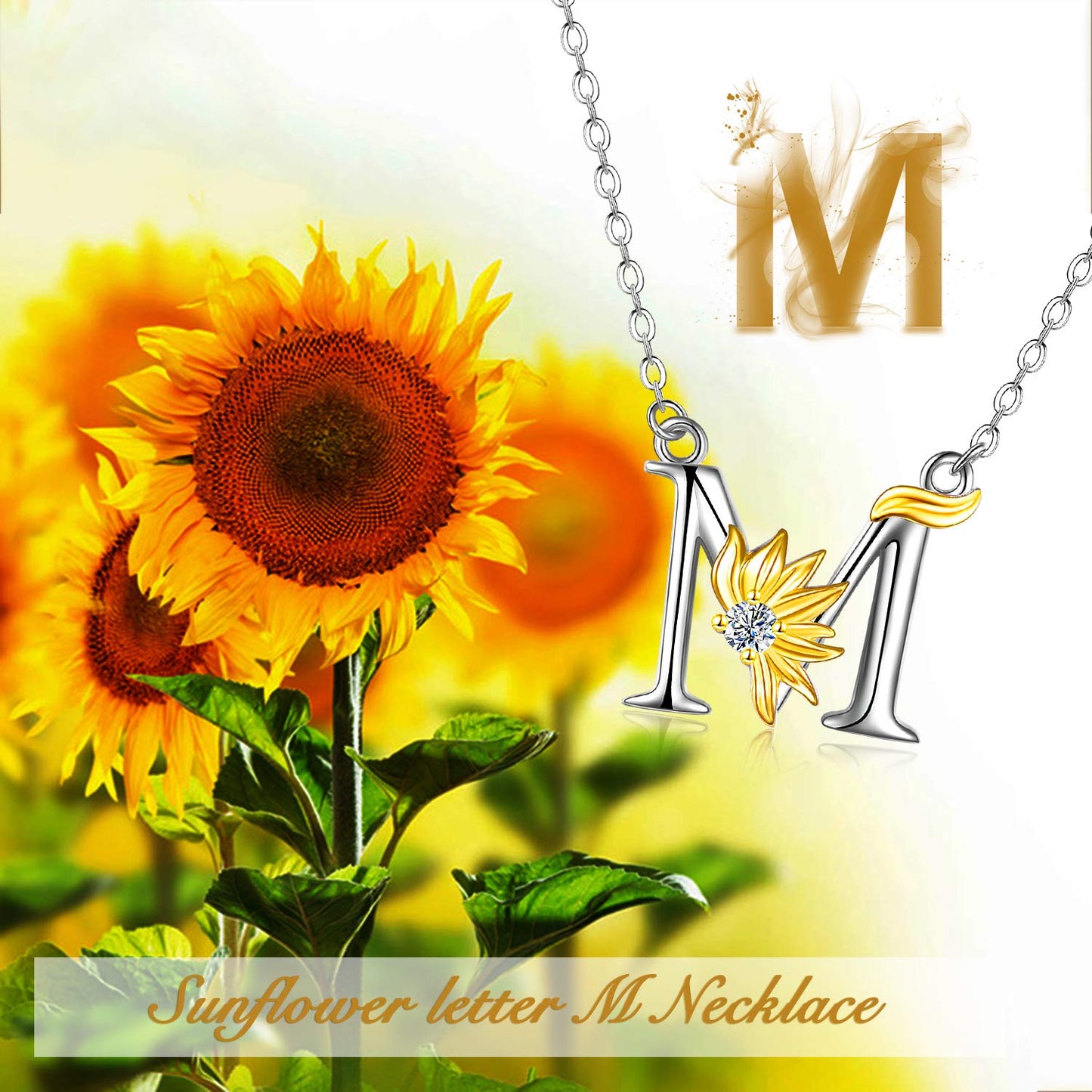 POPLYKE Sterling Silver Initial Alphabet Letter Script Name Pendant Chain Necklace for Women for (Sunflower M)
