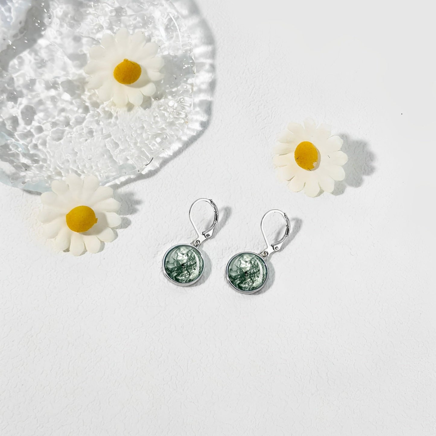 TALYKONG Moss Agate Earrings - Round Moss Agate Dangle Leverback Earrings for Women