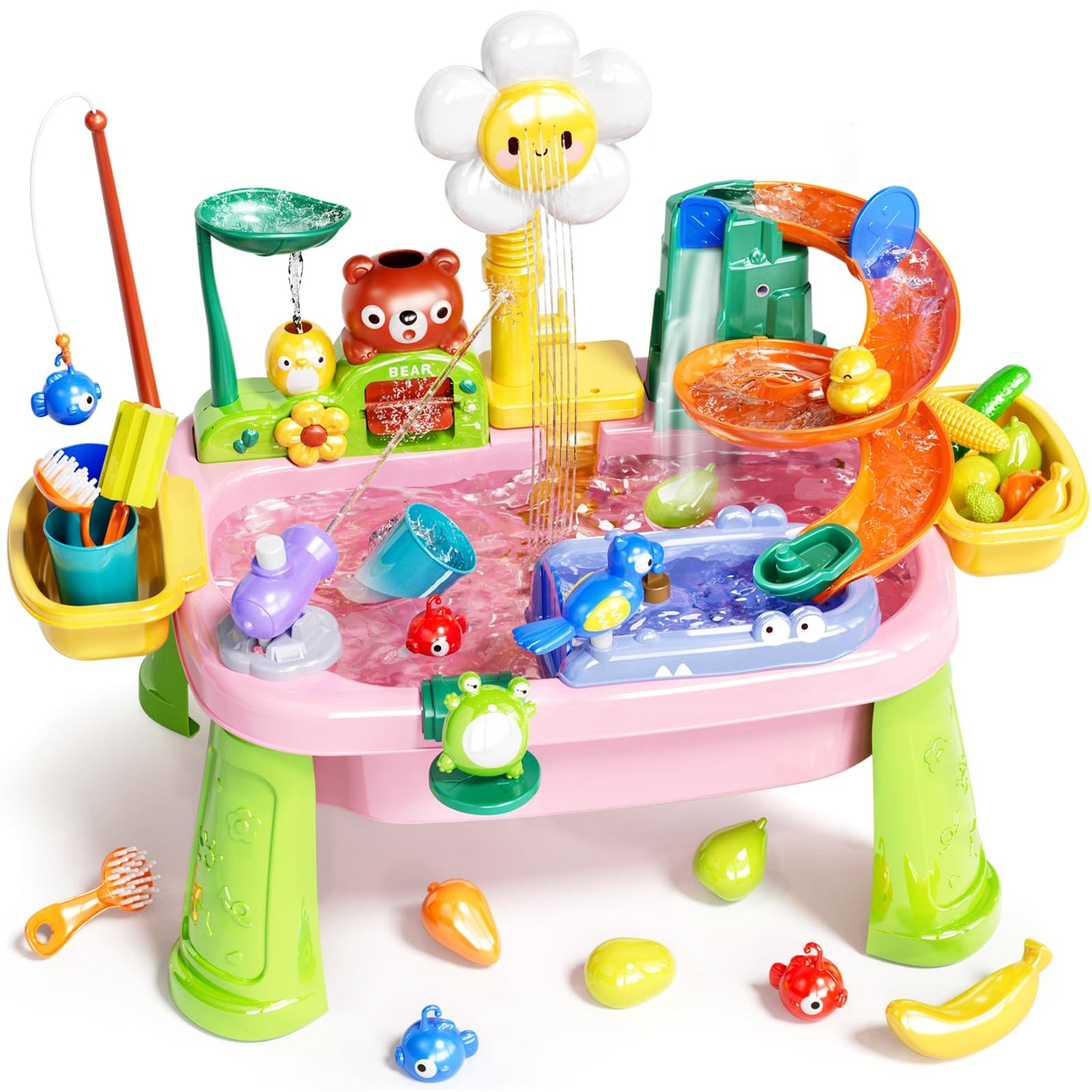 Pupu Pig Water Table Play Sink Toys for Toddlers, Kids Play Kitchen Sink with Running Water, 360° Electric Faucet, Floating Fishing Game, Sensory Water Table Toys for Boys Girls Summer Gifts - Pink