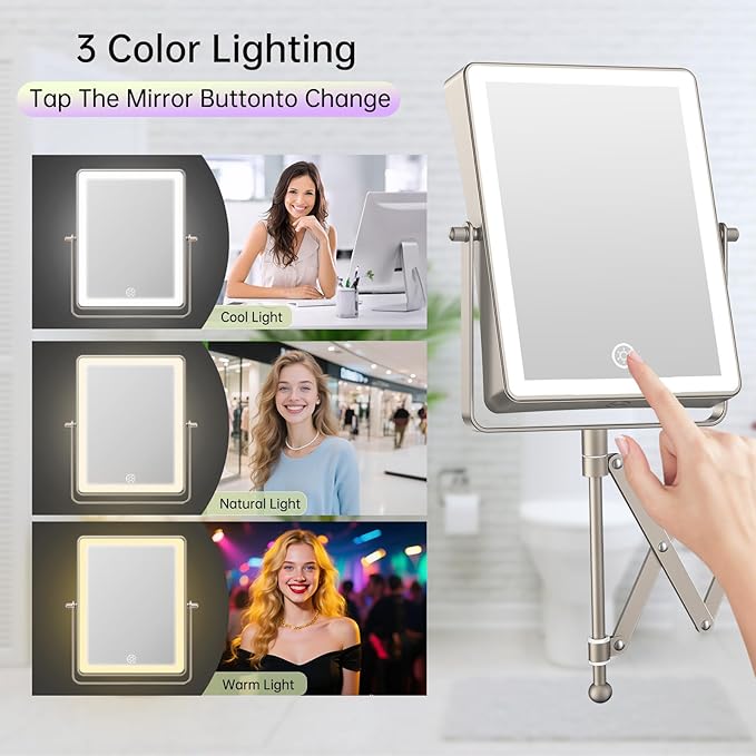 FASCINATE Rechargeable Wall Mounted Makeup Mirror with Lights, 8.7 Inch Double Sided Touch Switch 1X 30X Magnifying Bathroom Mirror, 3 Color Lights Touch Dimmable Extended Arm 360°Rotation (Nickel)
