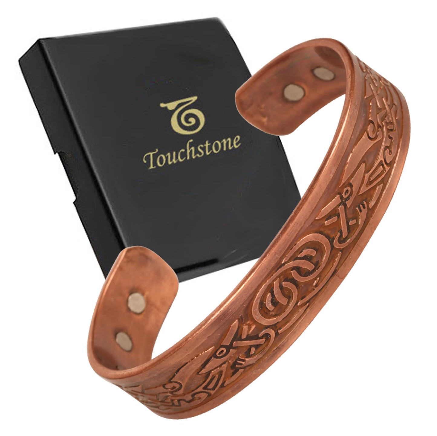 Touchstone handcrafted magnetic copper bracelet. Hand forged with solid and high gauge Tibetan style engraved cuff pure copper jewelry for women men. Attractive Celtic Design.