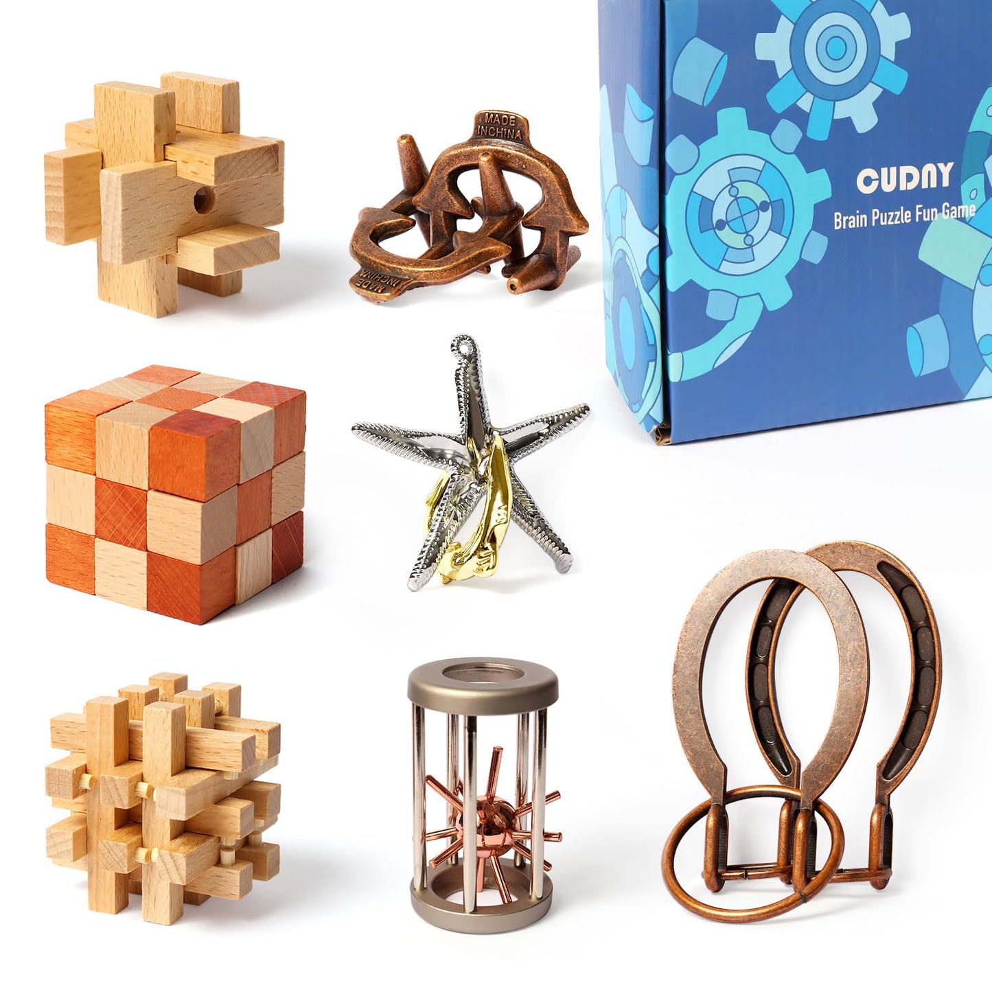 CUDNY 7 Pieces Cool Mind Puzzles Unlock Interlock Brain Teaser Games for Adults and Kids Wooden and Metal Puzzles IQ Logic Fun Box