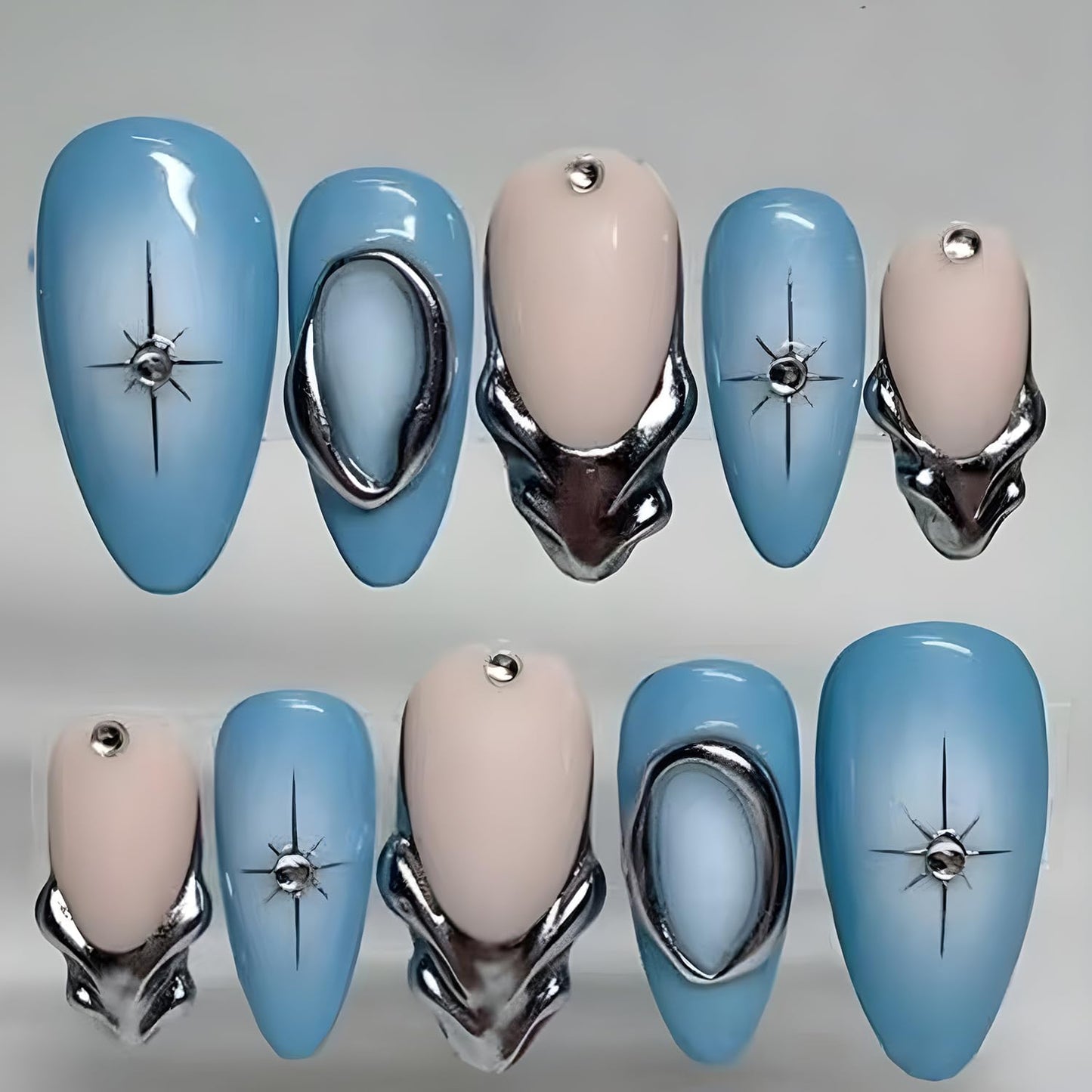 24Pcs Silver French Tip Press on Nails Medium Almond Fake Nails 3D Metallic Design Chrome Glue on Nails Y2k Star Acrylic Nails Gradient Blue Full Cover False Nails for Women Almond Artificial Nails