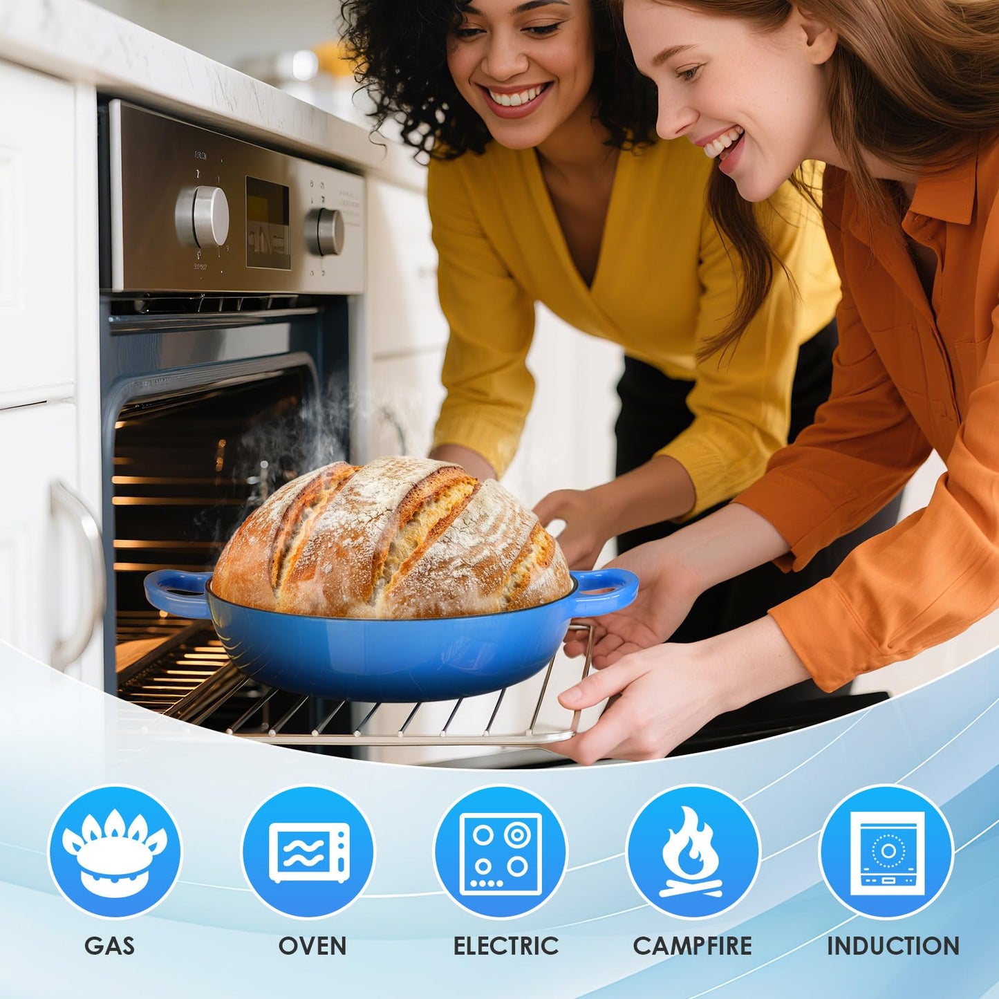 LIFERUN 6qt Enameled Cast Iron Dutch Oven for Sourdough Bread Baking, Non-Stick Dome-Shaped Bread Oven Pot with Lid, Silicone Handles and Scraper, Blue
