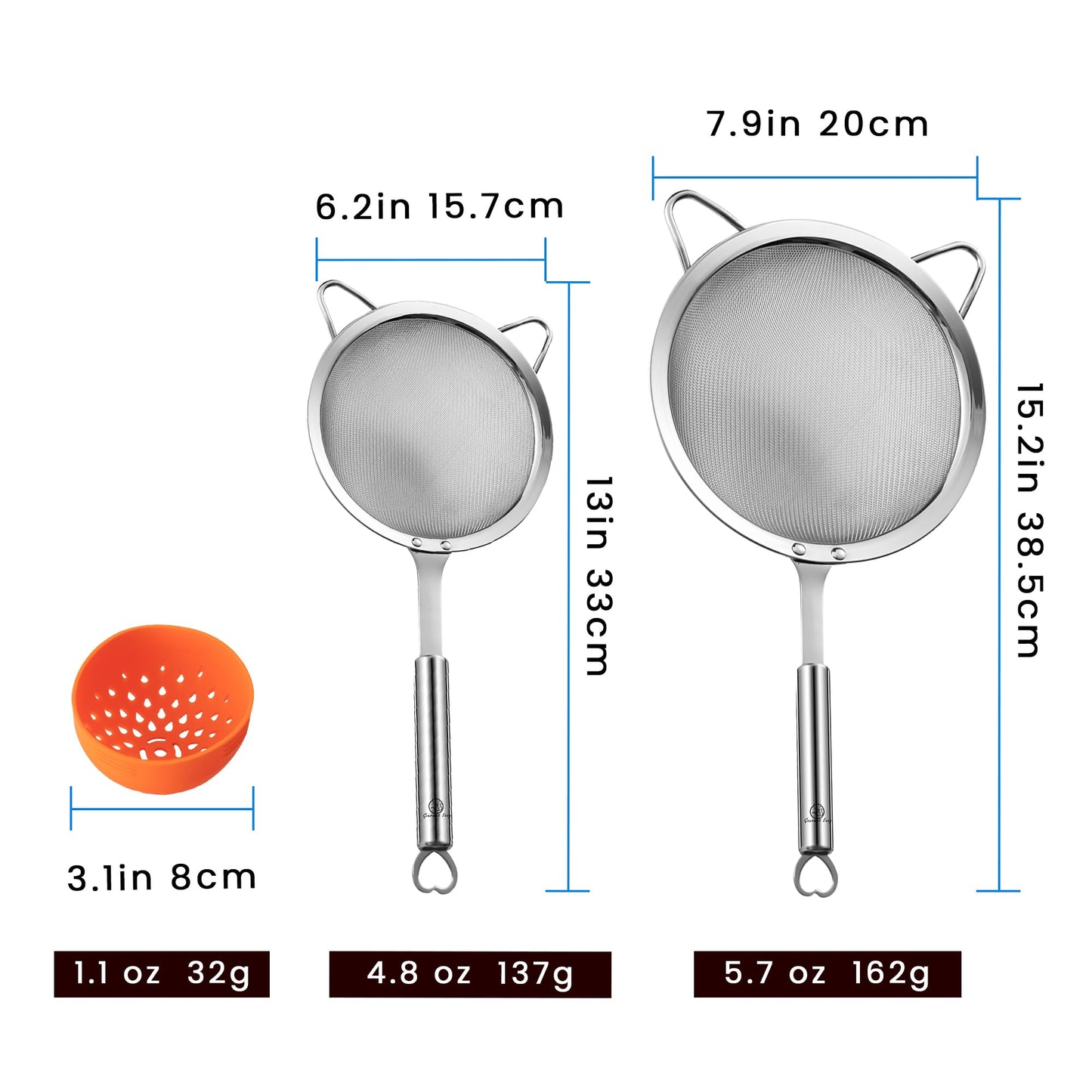Stainless Steel Fine Mesh Strainer Set, Colander Set with 1 Large Flour Sifter (Sturdy Handle), 1 Small Mesh Sieve for Pasta & Rice, 1 Silicone Can Strainer – Durable, Dishwasher Safe, 5-Year Warranty