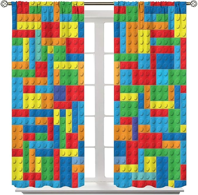 Colorful Building Block Toy Printed Curtains, Building Blocks, Curtains, Fun Brick 3D Design, Kids, Teens, Girls, Boys, Living Room, Bedroom, Window Treatment Panels, 2 Panels 63x72in
