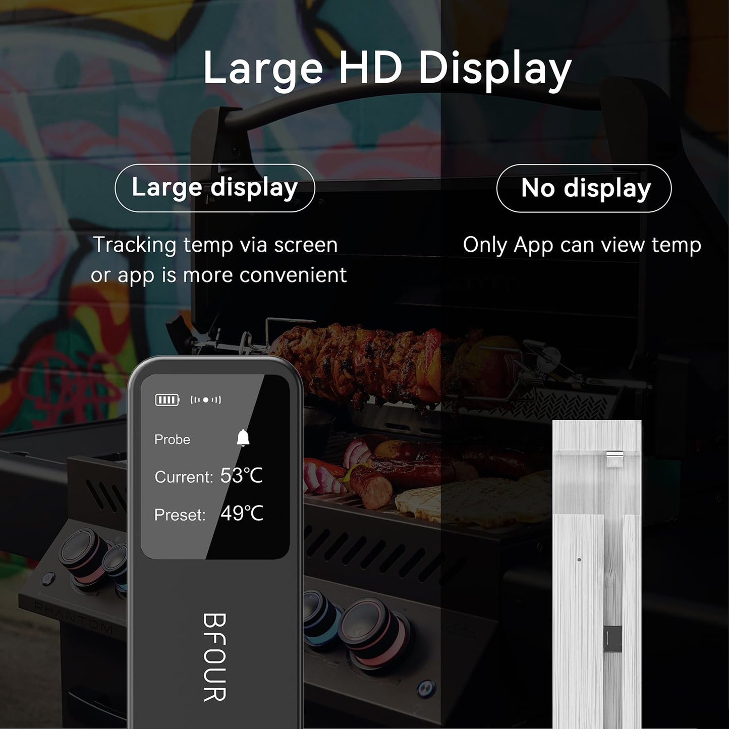 BFOUR Meat Thermometer Digital Wireless with LCD Booster, Bluetooth Food Cooking Thermometer with Smart App, 524FT Remote Range, 100% Waterproof & 752°F Heat Resistant Probe for BBQ Oven Grill Smoker
