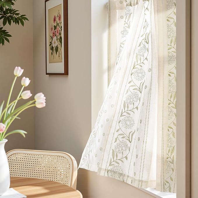 jinchan Winslow Linen Curtains 54 Inch Length Small Window Curtains Embroidered Bordered Floral Drapes Light Filtering for Bathroom Laundry Room Kitchen Farmhouse Decor Sage on Beige 2 Panels