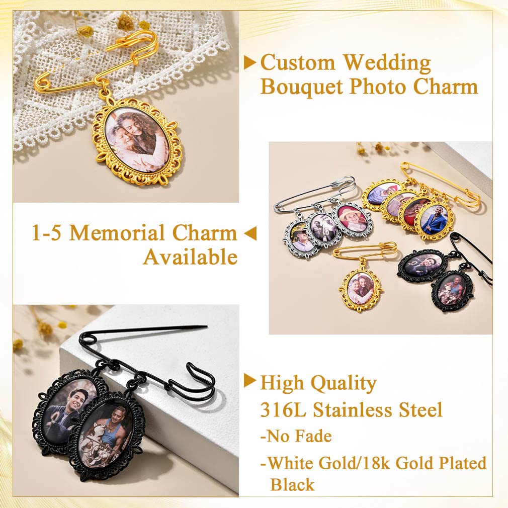 Custom4U Wedding Charms for Bouquet Custom 3 Picutres Customized Photo Pins Oval Shaped Memory Charm Funeral Boutonniere