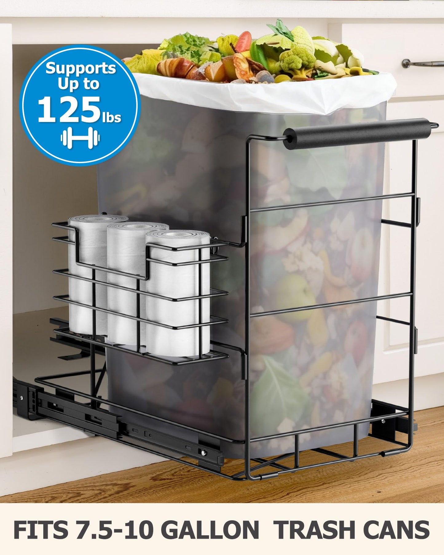 Bulado Pull Out Trash Can Under Cabinet, Under Sink Trash Can Kit for 7.5-10 Gallon with Garbage Bag Holder, Heavy Duty Steel Frame, Holds Up to 125 lbs, Easy to Install (Bin Not Included)