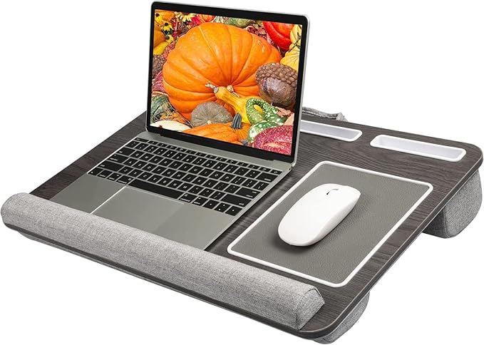 HUANUO Lap Desk - Fits up to 17 inches Laptop Desk, Built in Mouse Pad & Wrist Pad for Notebook, Laptop, Tablet, Lap Stand with Tablet, Pen & Phone Holder, Black Woodgrain