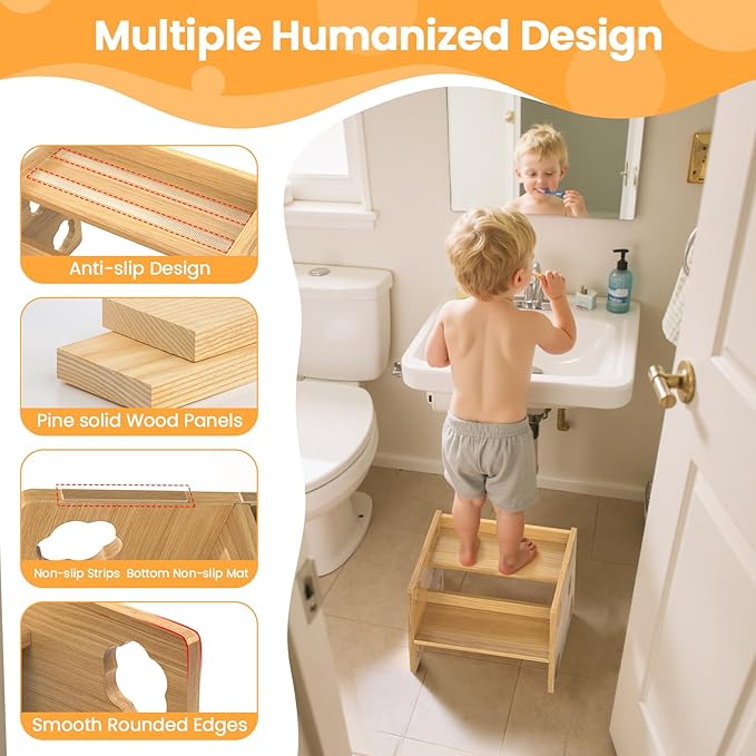 Kesswin Step Stool for Kids, Wooden Toddler Step Stool 300 lbs Capacity with Safety Non-Slip Pads and Handles, Height-Adjustable 2-Stepping Stool for Kitchen, Bathroom Sink, Bedroom