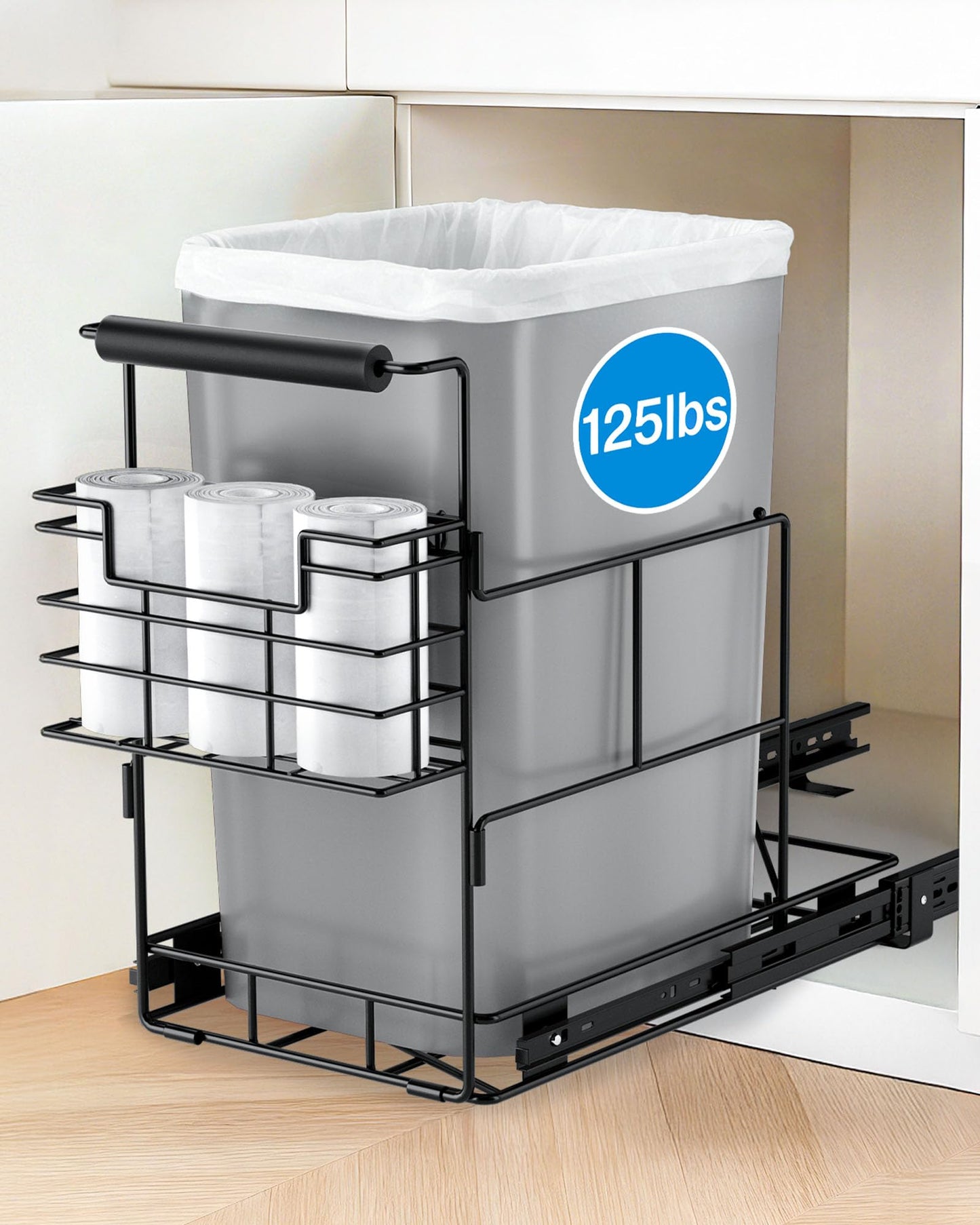 Bulado Pull Out Trash Can Under Cabinet, Under Sink Trash Can Kit for 7.5-10 Gallon with Garbage Bag Holder, Heavy Duty Steel Frame, Holds Up to 125 lbs, Easy to Install (Bin Not Included)