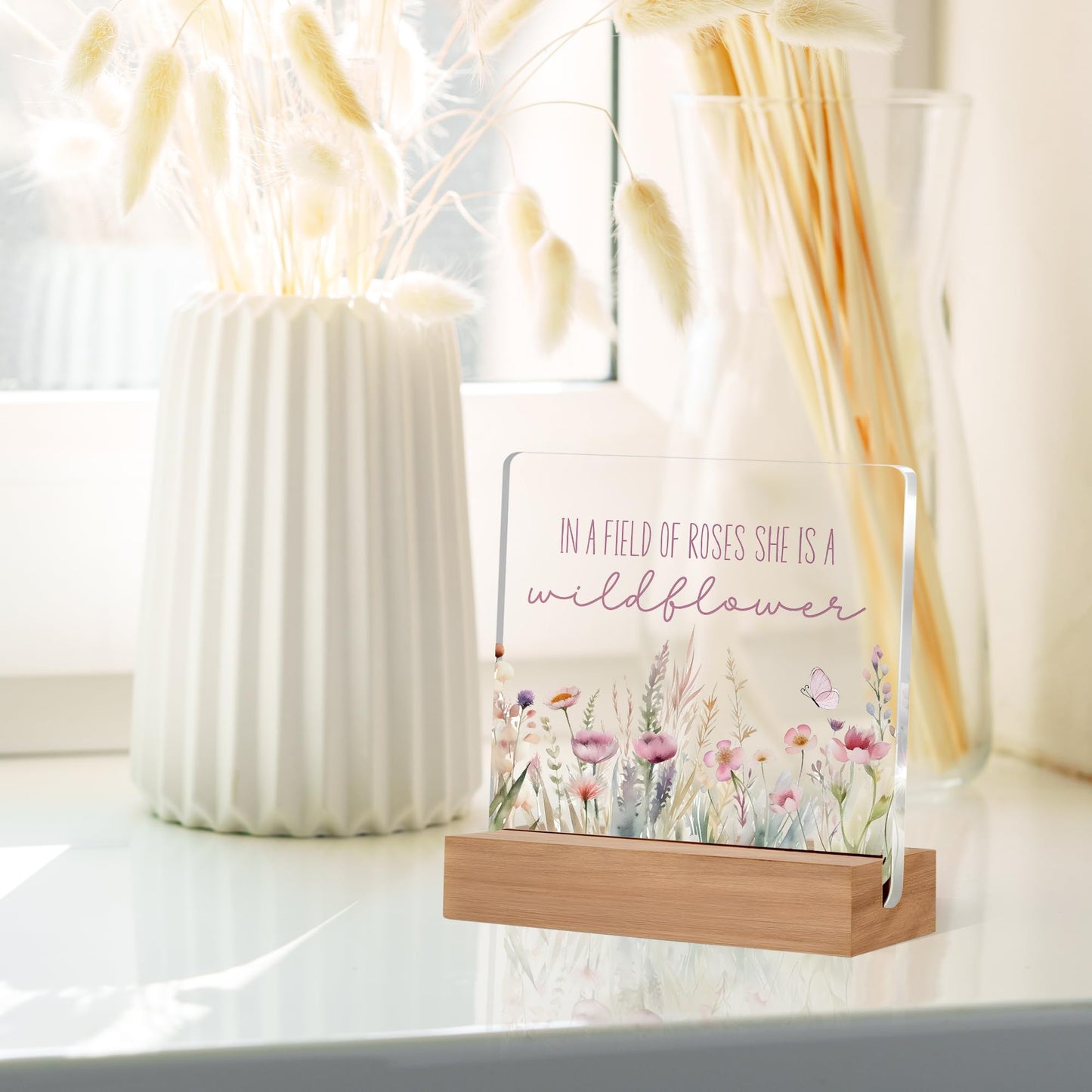 Lacosu Inspirational Desk Decor, Wildflower Acrylic Sign, 4 x 4 Inches, Acrylic & Wood, Home & Office Decor, Motivational Gift