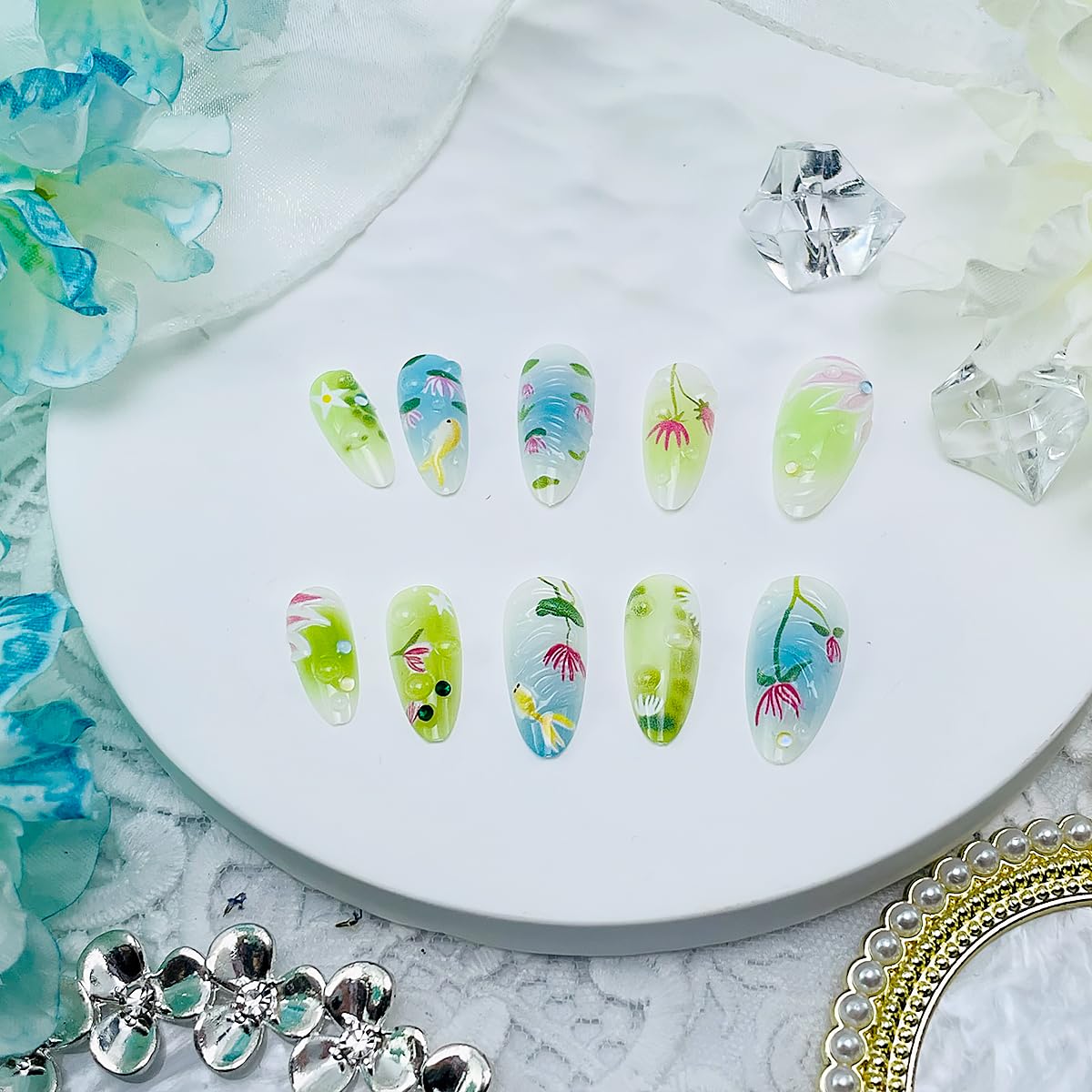 NEWSPIED Medium Almond Press on Nails Spring Summer Fake Nails with 3D Floral Koi Fish Lotus Designs Glossy Blue Green False Nails Cute Full Cover Artificial Acrylic Nails for Women DIY 24Pcs