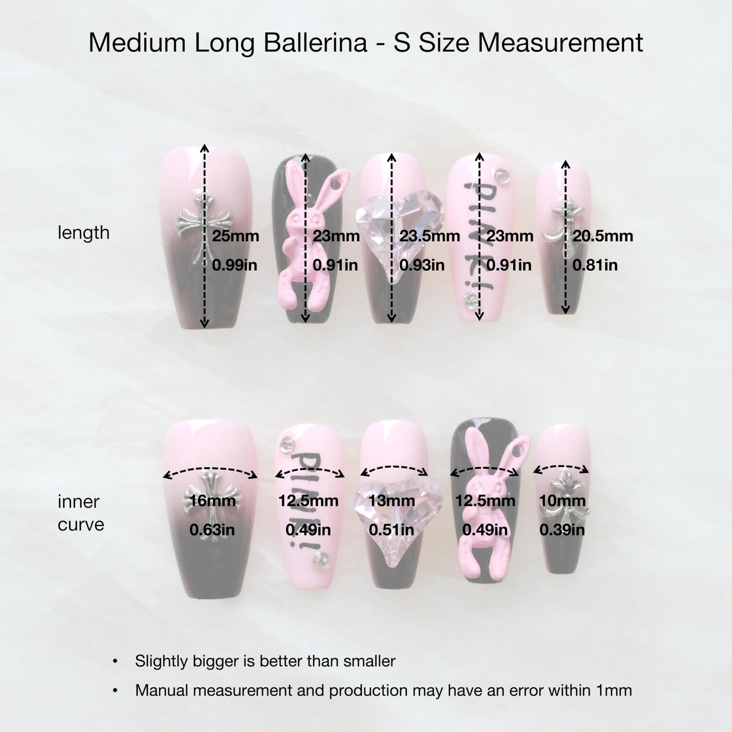 GLORS Luxury long Long Ballerina Press-On Nails, Pink and Black Gothic Design with 3D Bunny and Diamond Heart, Handmade False Nail 10 Pieces (Small, LS)