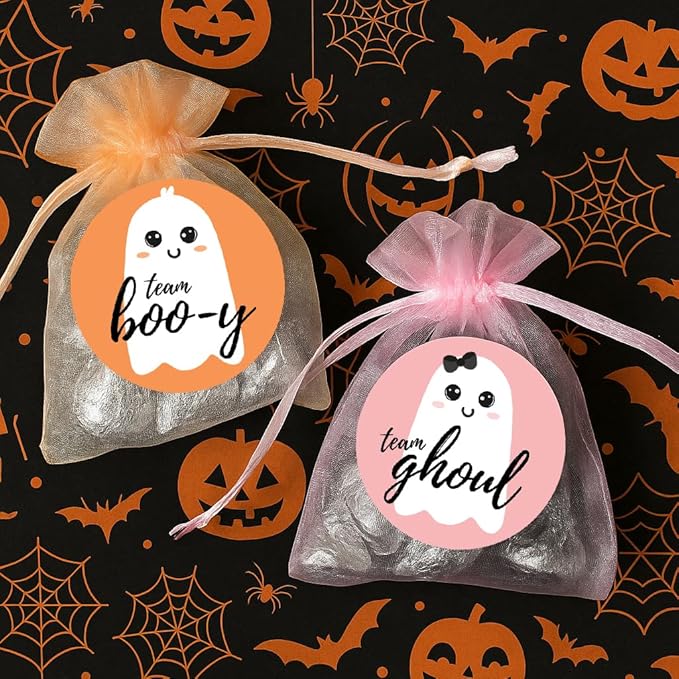 Halloween Gender Reveal Party Stickers 40ct – Team Boo-y or Team Ghoul Little Ghost Design in Orange & Pink