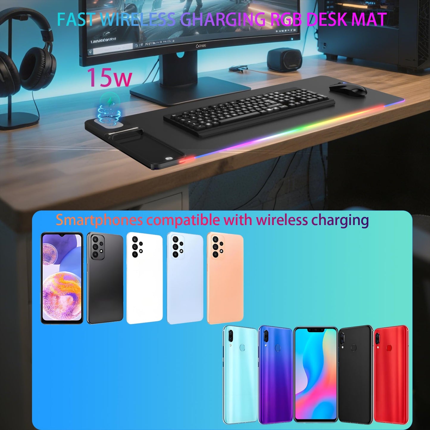 Gifts for Mom Dad &Friends,Wireless Phone Charger with Mouse Pad,RGB Gaming Mouse Pad with Phone Holder, 15W Fast Wireless Charging Desk Mat with Ultra-Smooth Surface for MacBook PC Laptop Computer