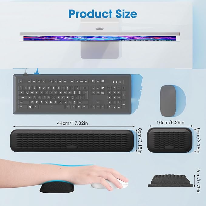 MEKASS Ergonomic Wrist Rest for Keyboard and Mouse, Soft Memory Foam Keyboard Wrist Rest Set with Non-Slip Silicone Base, Easy Typing, Pain Relief, Comfort for Office, Work, Gaming (Classic Black)