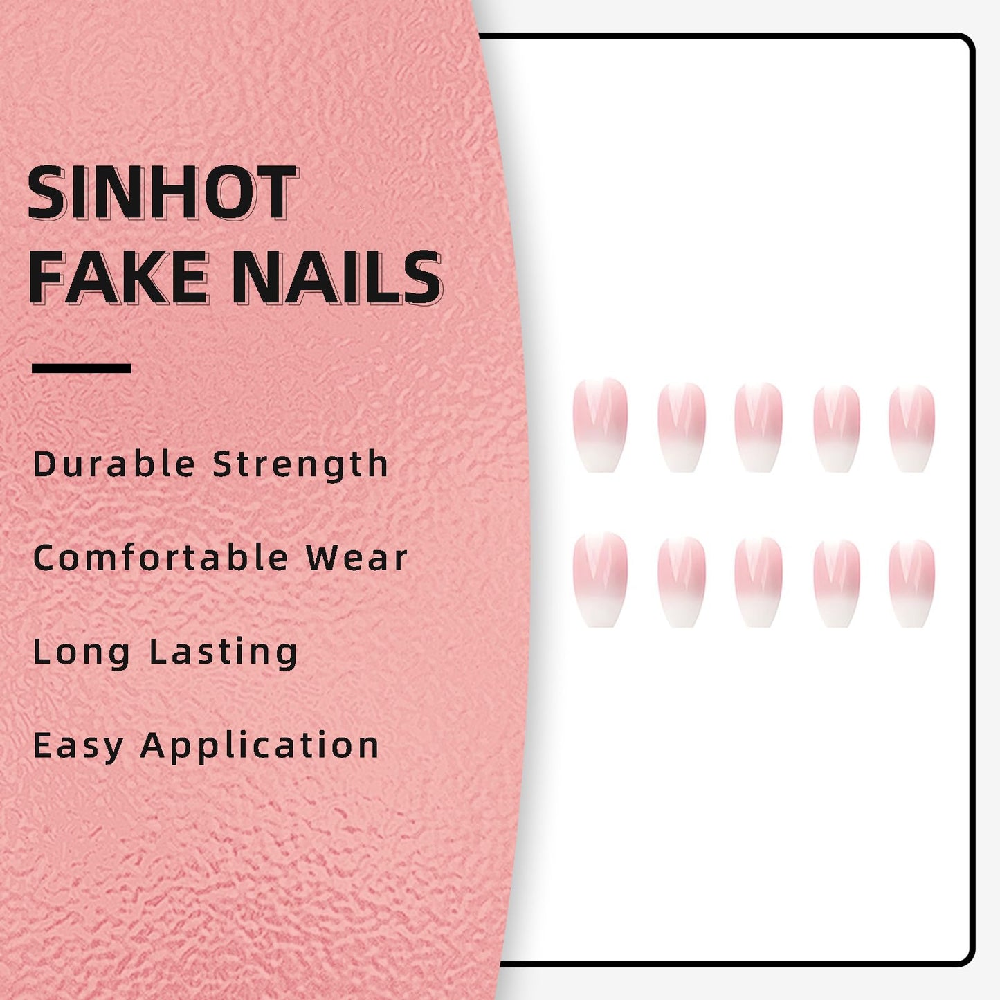 SINHOT Press on Nails - Medium Coffin Shape, Glossy Pink Ombre Gradient, 24 pcs with Design