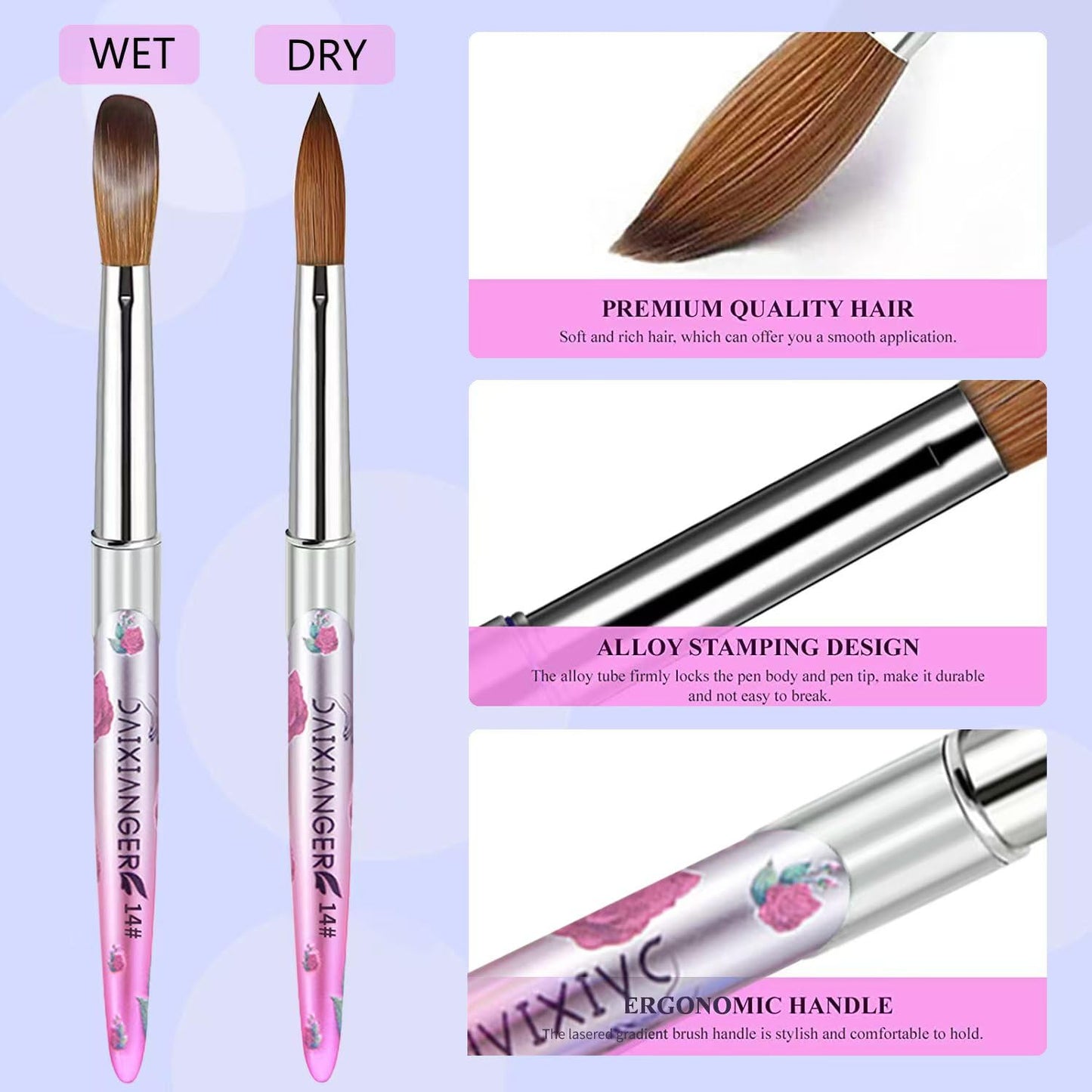 DAIXIANGER 5PCS Acrylic Nail Brush Set - Size 8/10/14/16/18 Brushes for Acrylic Powder Application, 3D Carving & Nail Art Extension, Pink Flower Handle Nail Tools for DIY Salon Manicure