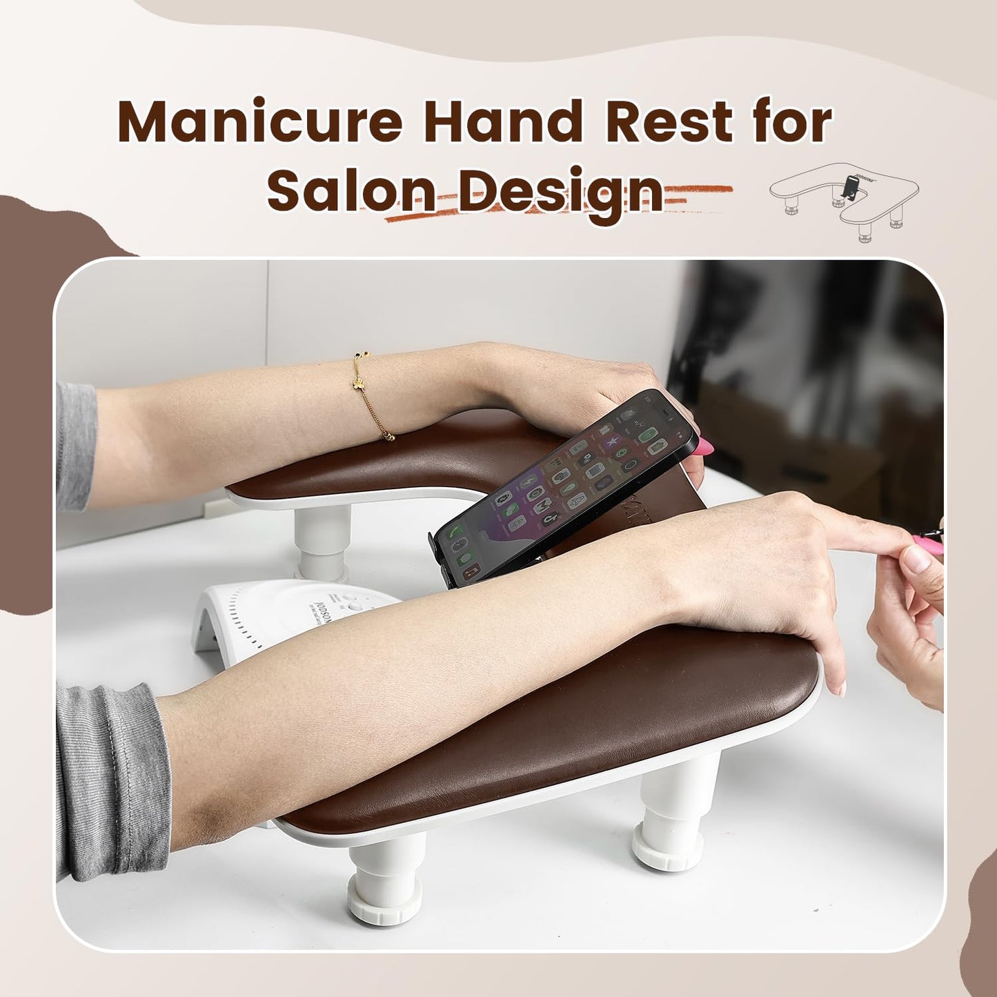 JODSONE U-Shaped Brown Arm Rest for Nails Tech with Rotating 360°Built-In Phone Holder and Adjustable Nail Arm Rest Detachable Manicure Hand Rest for Salon Design