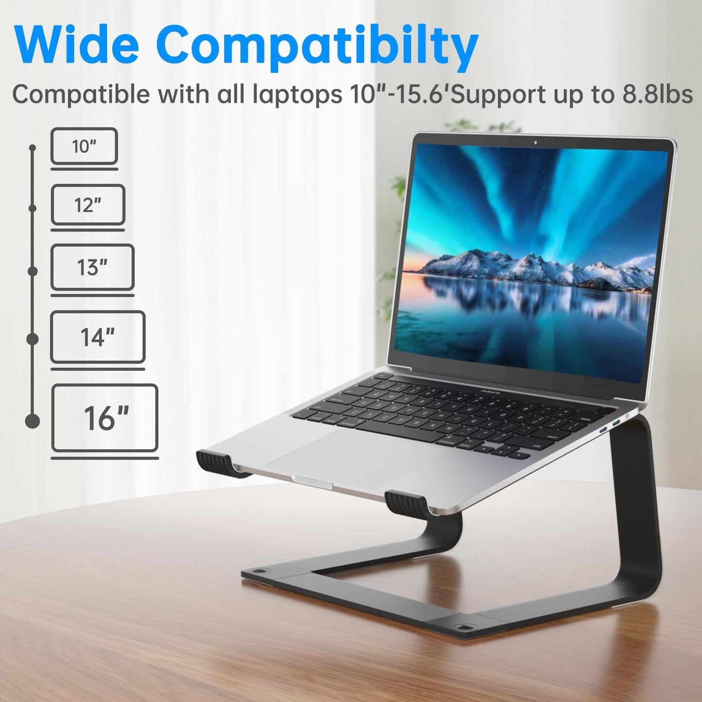GleYo Laptop Stand for Desk Portable Computer Riser Metal Notebook Holder Printer Stand Office Desk Accessories Compatible with MacBook Air, Pro, Dell, HP, Lenovo and All 10-16" Laptops, Black
