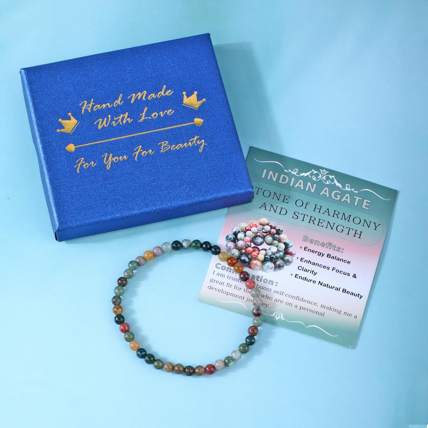 Bymitel 4mm Indian Agate - Handmade Reiki Gemstone Stretch Bracelet, Natural Beauty & Spiritual Essence, Crystal Healing for Unisex Adults