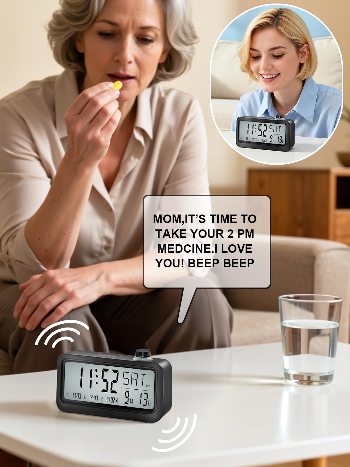 Bovintex Medication Pill Reminder, Rechargeable Talking Alarm Clock with 3 Custom Voice Recording Alarms, Touch-to-Talk, a Digital Alarm Clocks Gift for Mom/Dad/Seniors/Elderly(Black)