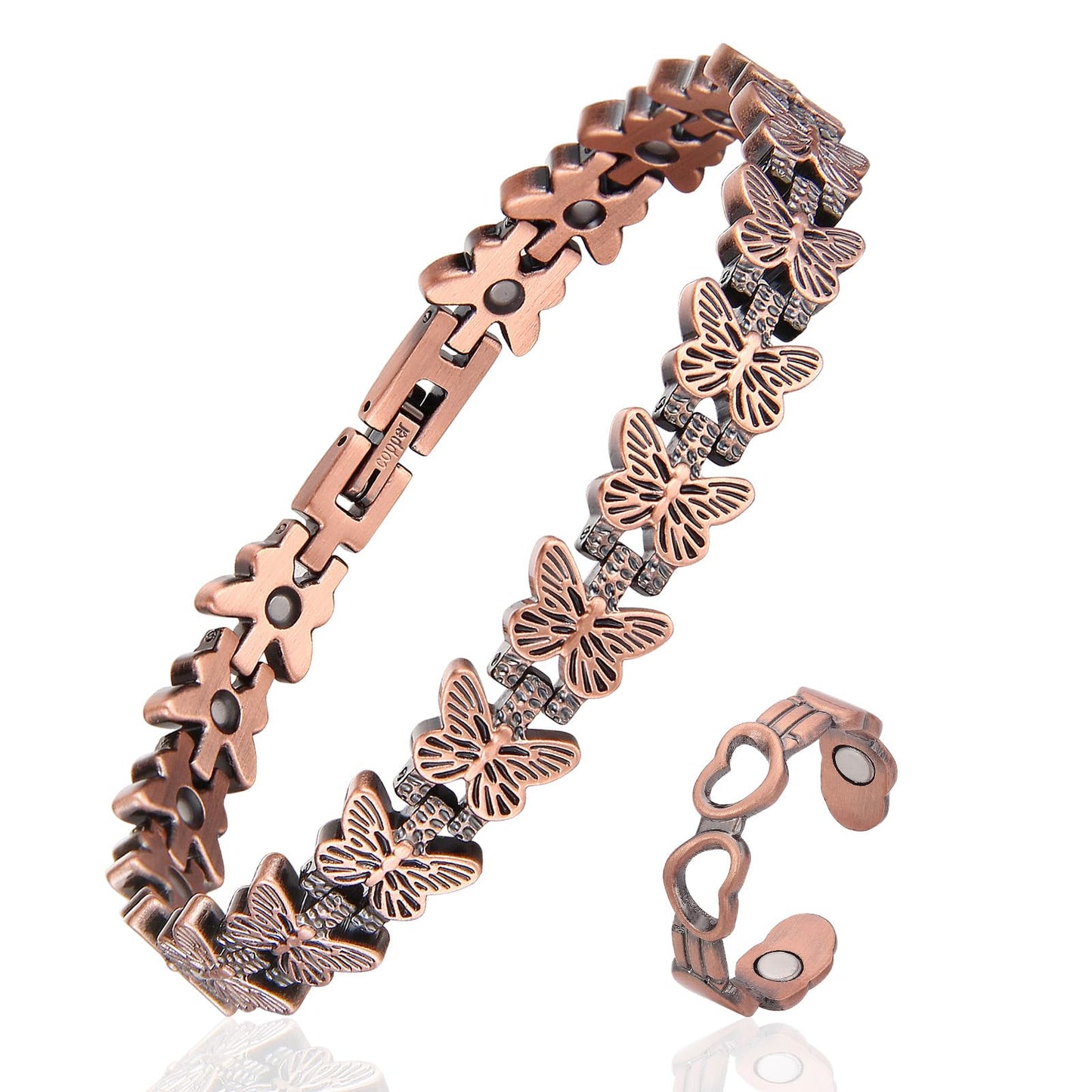 Fashtour Copper Bracelet and Ring Set for Women, 99.99% Pure Copper Magnetic Bracelet with Butterfly Design & Matching Adjustable Heart Ring – 3800 Gauss Magnets, Includes Sizing Tool & Gift Box