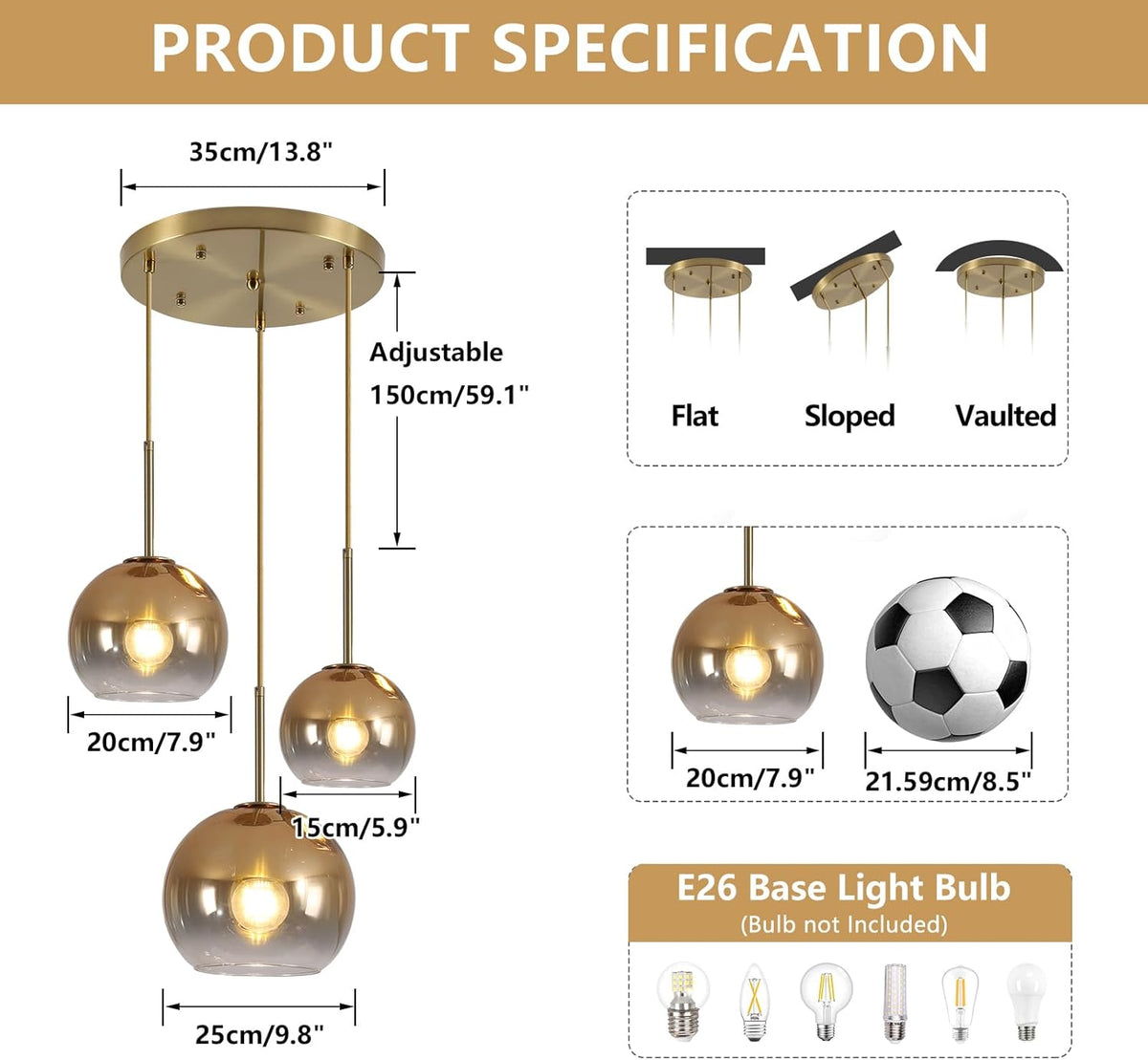 KCO Lighting Gold Cluster Pendant 3-Light Large Glass Pendant Lights Kitchen Island Bubble Globe Chandelier Mid Century Modern Hanging Light