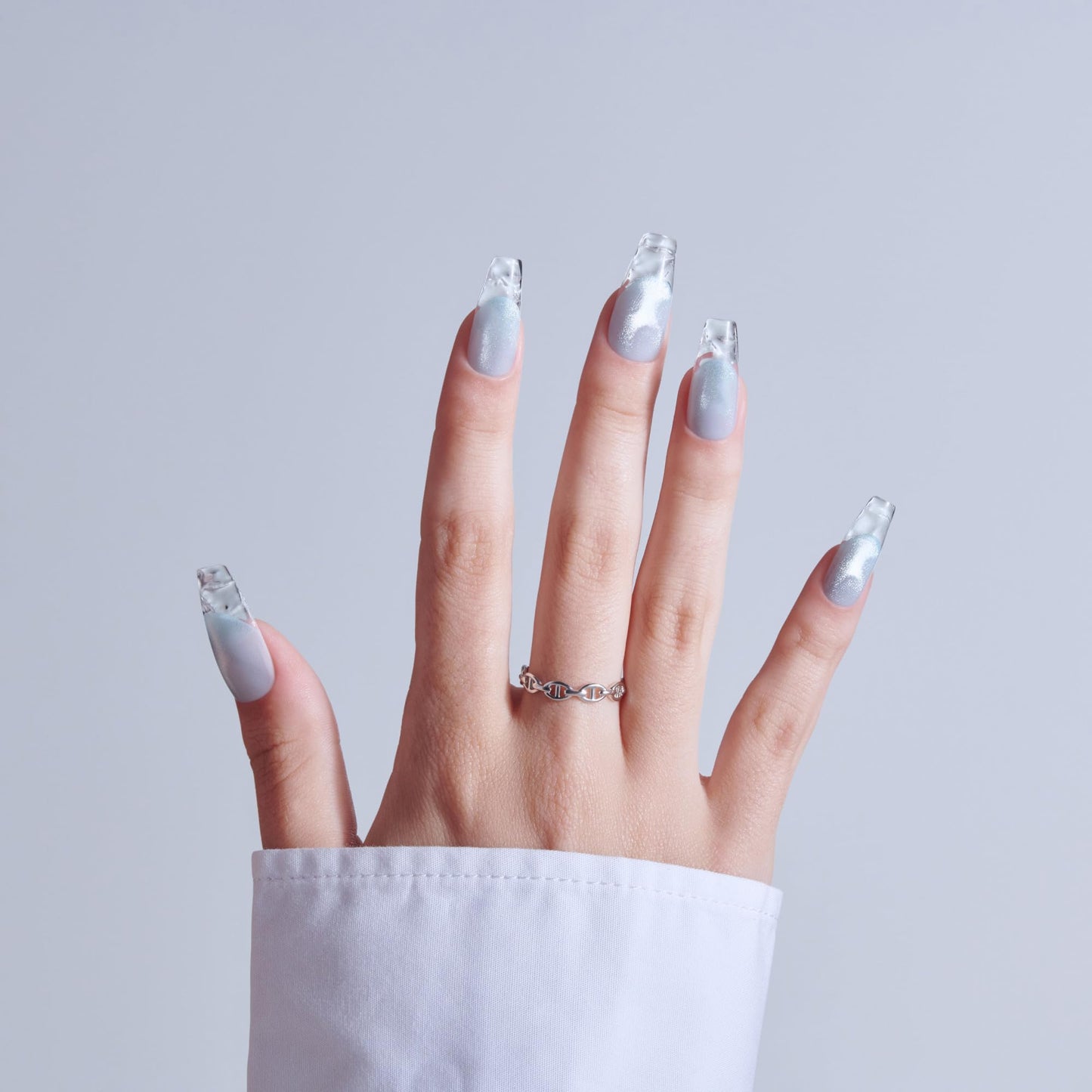 Kiss Glam, Press On Nails, Nail glue included, 'Seraphic', Blue, Long Size, Coffin Shape, Includes 32 Nails, 2g Glue, 1 Manicure Stick, 1 Mini File