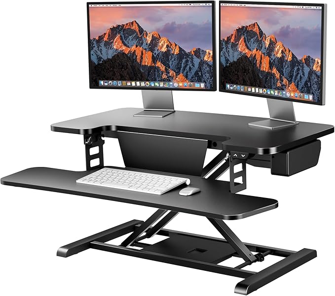 SANODESK 32" Electric Standing Desk Converter,Height Adjustable Riser for Office Home, Monitor and Laptop Workstation with Large Keyboard Tray, Black Color